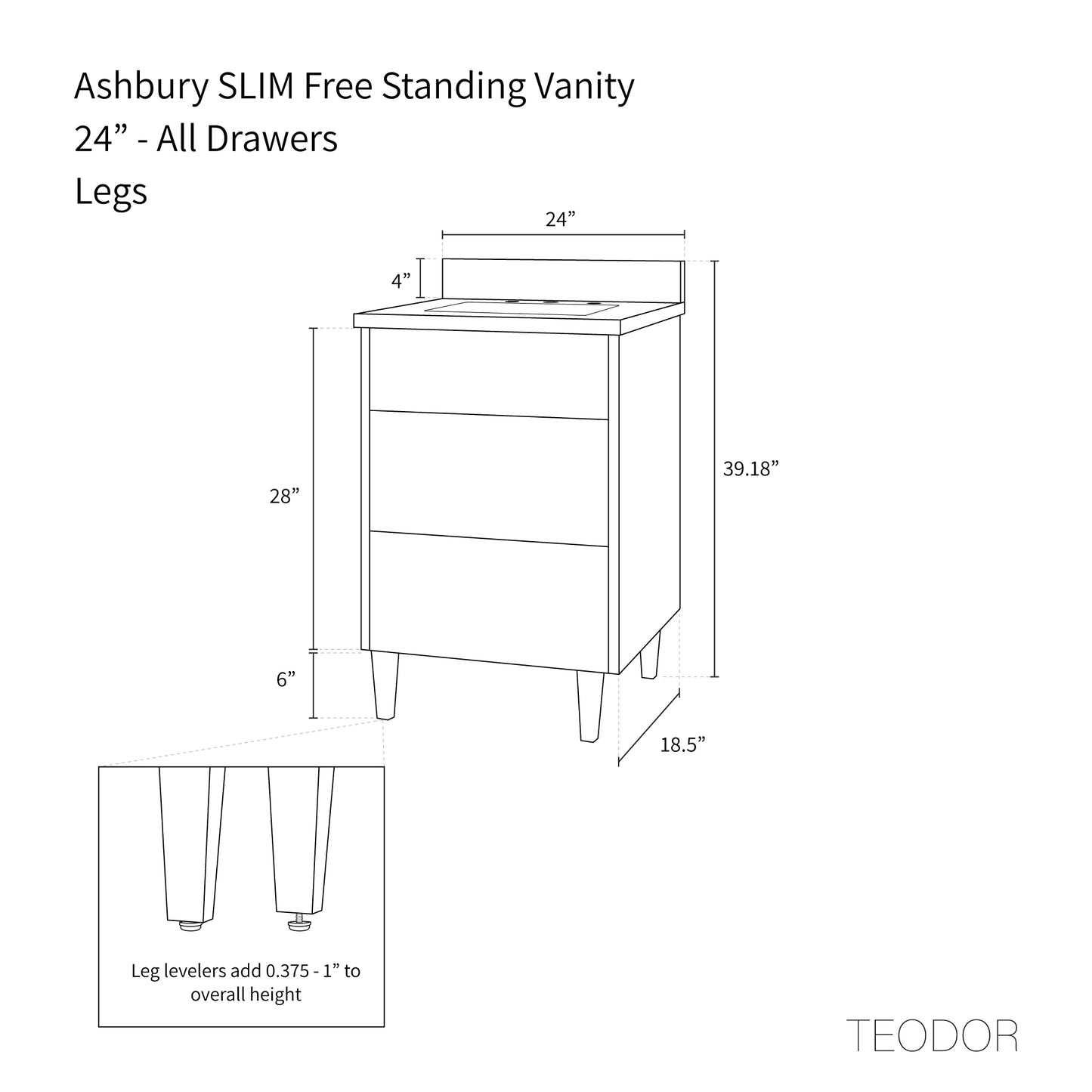 Ashbury SLIM 24" Natural White Oak Bathroom Vanity - All Drawers