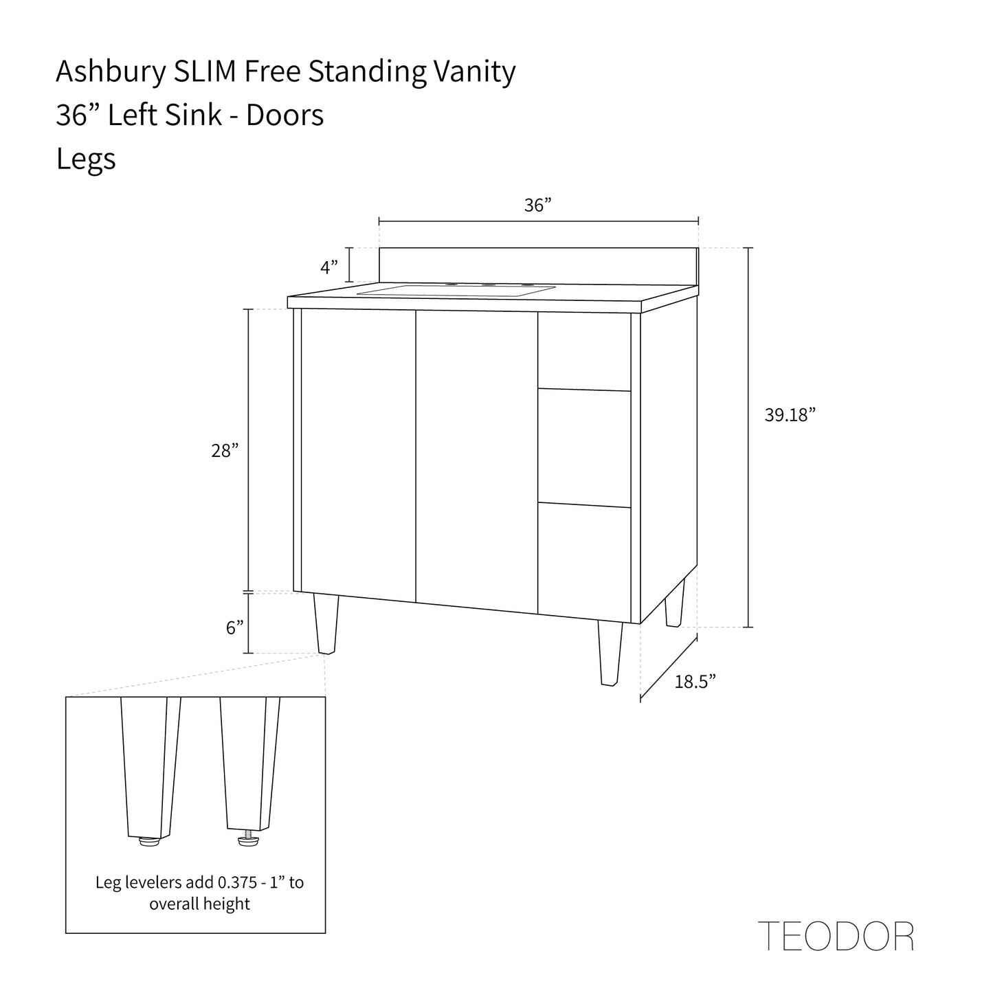 Ashbury SLIM 36" Natural White Oak Bathroom Vanity, Left Sink