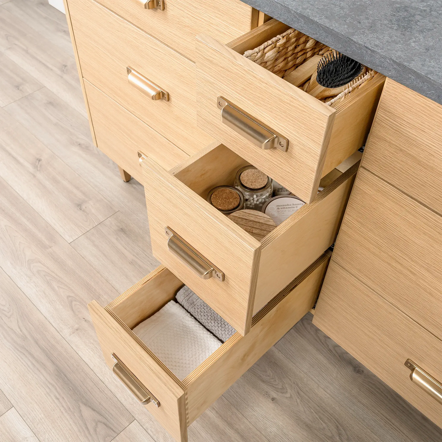 Ashbury SLIM 60" Natural White Oak Bathroom Vanity, Double Sink - All Drawers Teodor Bathroom Vanity Canada