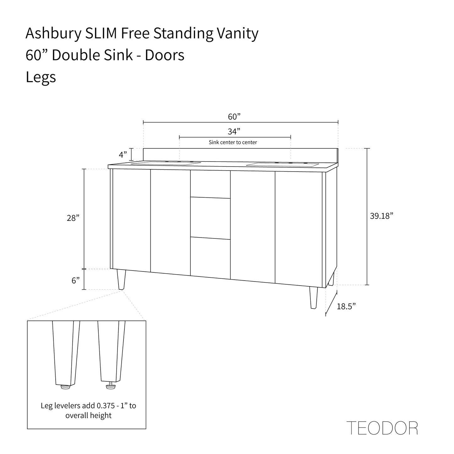 Ashbury SLIM 60" Natural White Oak Bathroom Vanity, Double Sink