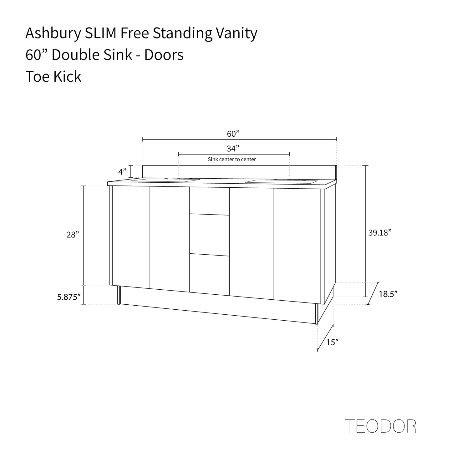 Ashbury SLIM 60" Natural White Oak Bathroom Vanity, Double Sink