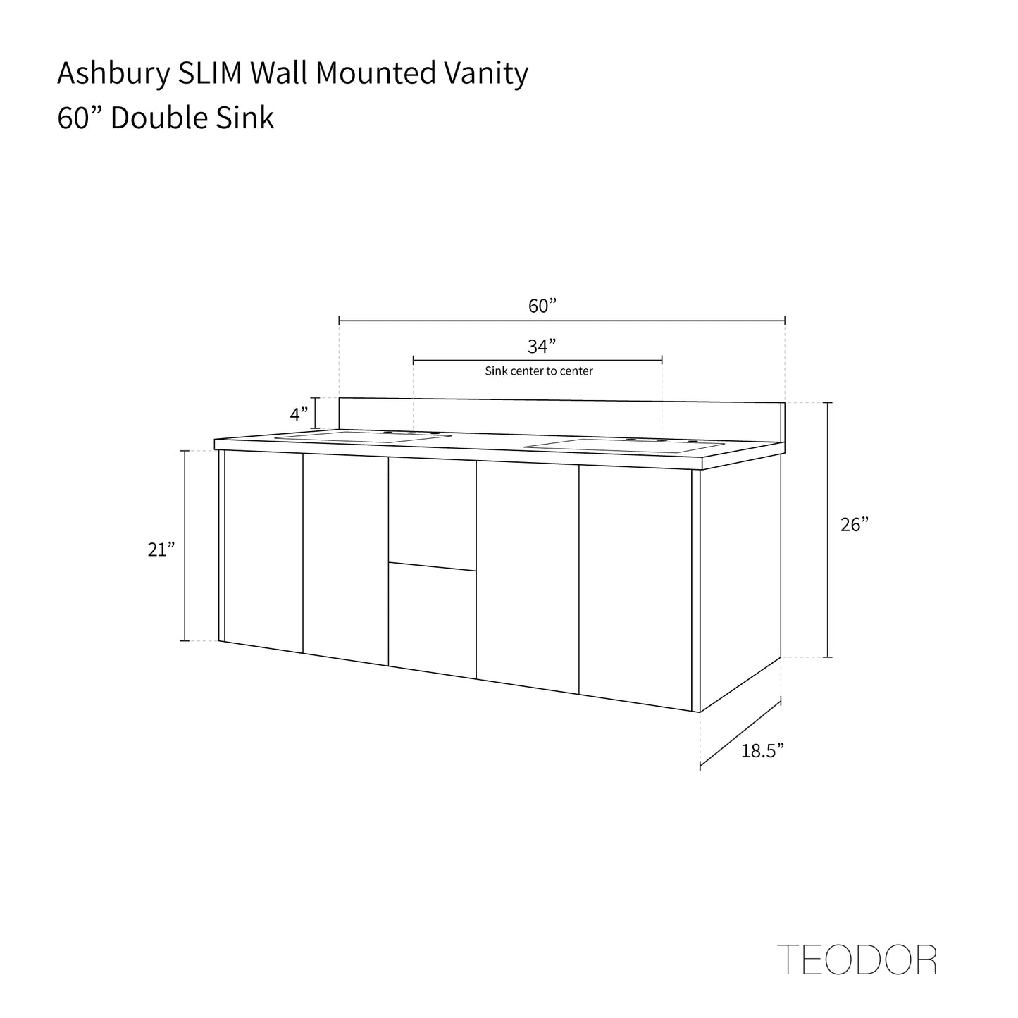 Ashbury SLIM 60" Wall Mount Natural White Oak Bathroom Vanity, Double Sink