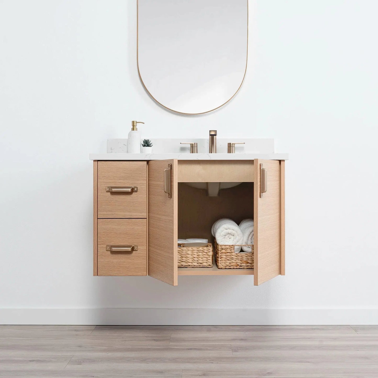 Ashbury SLIM 36" Wall Mount Natural White Oak Bathroom Vanity, Right Sink Teodor Bathroom Vanity Canada