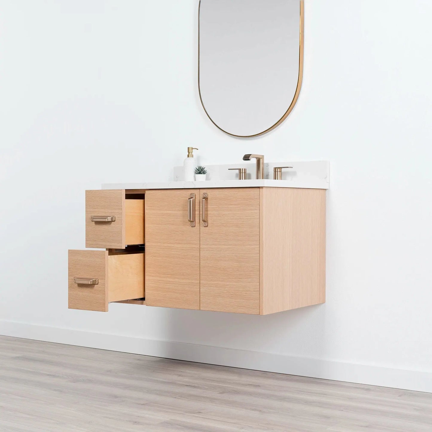 Ashbury SLIM 36" Wall Mount Natural White Oak Bathroom Vanity, Right Sink Teodor Bathroom Vanity Canada