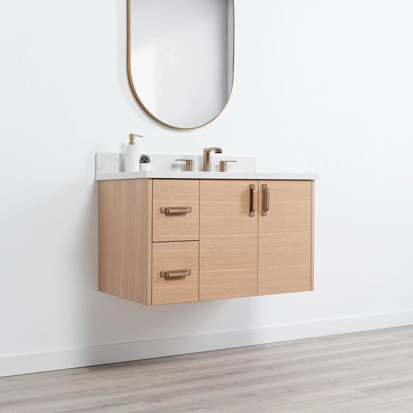 Ashbury SLIM 36" Wall Mount Natural White Oak Bathroom Vanity, Right Sink Teodor Bathroom Vanity Canada