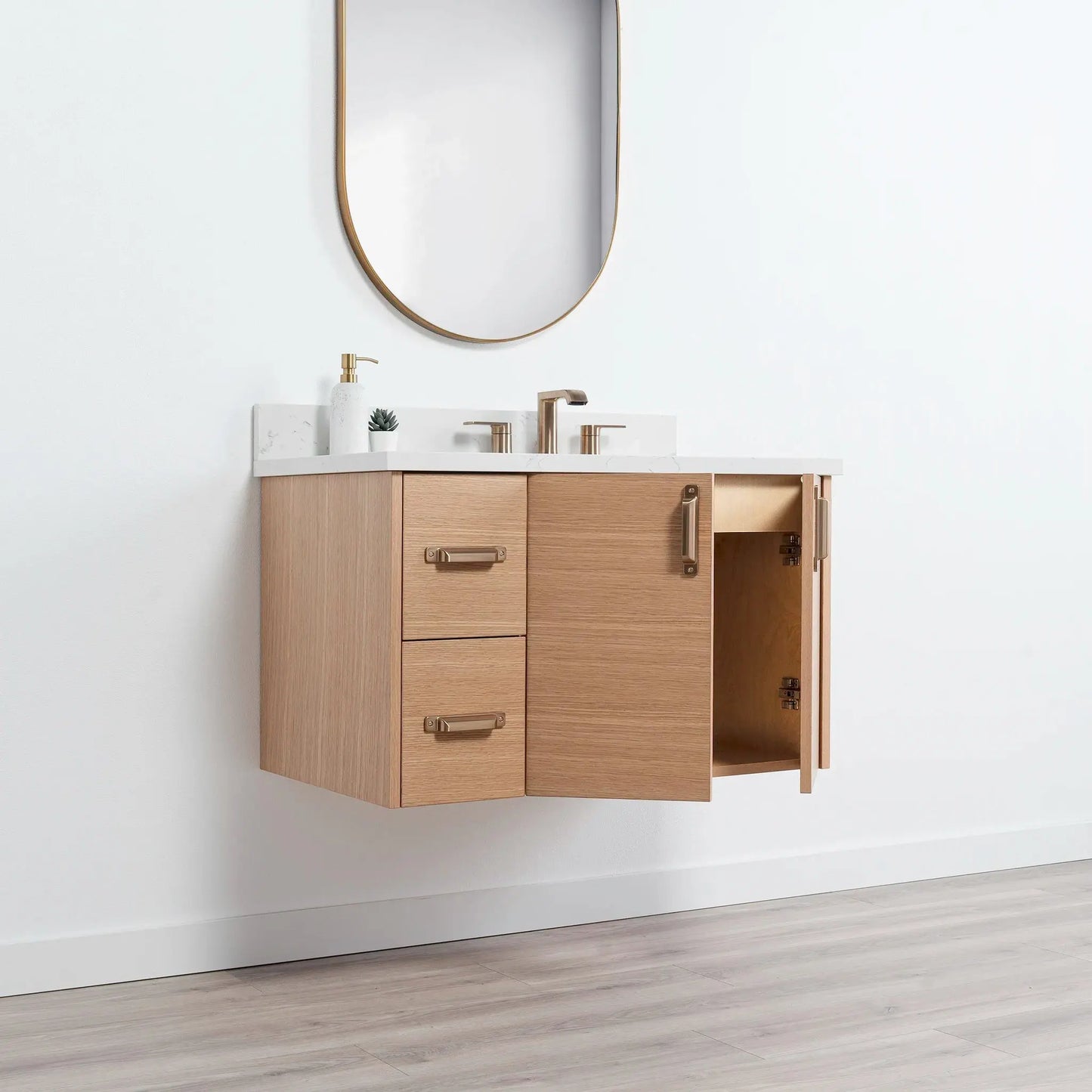 Ashbury SLIM 36" Wall Mount Natural White Oak Bathroom Vanity, Right Sink Teodor Bathroom Vanity Canada