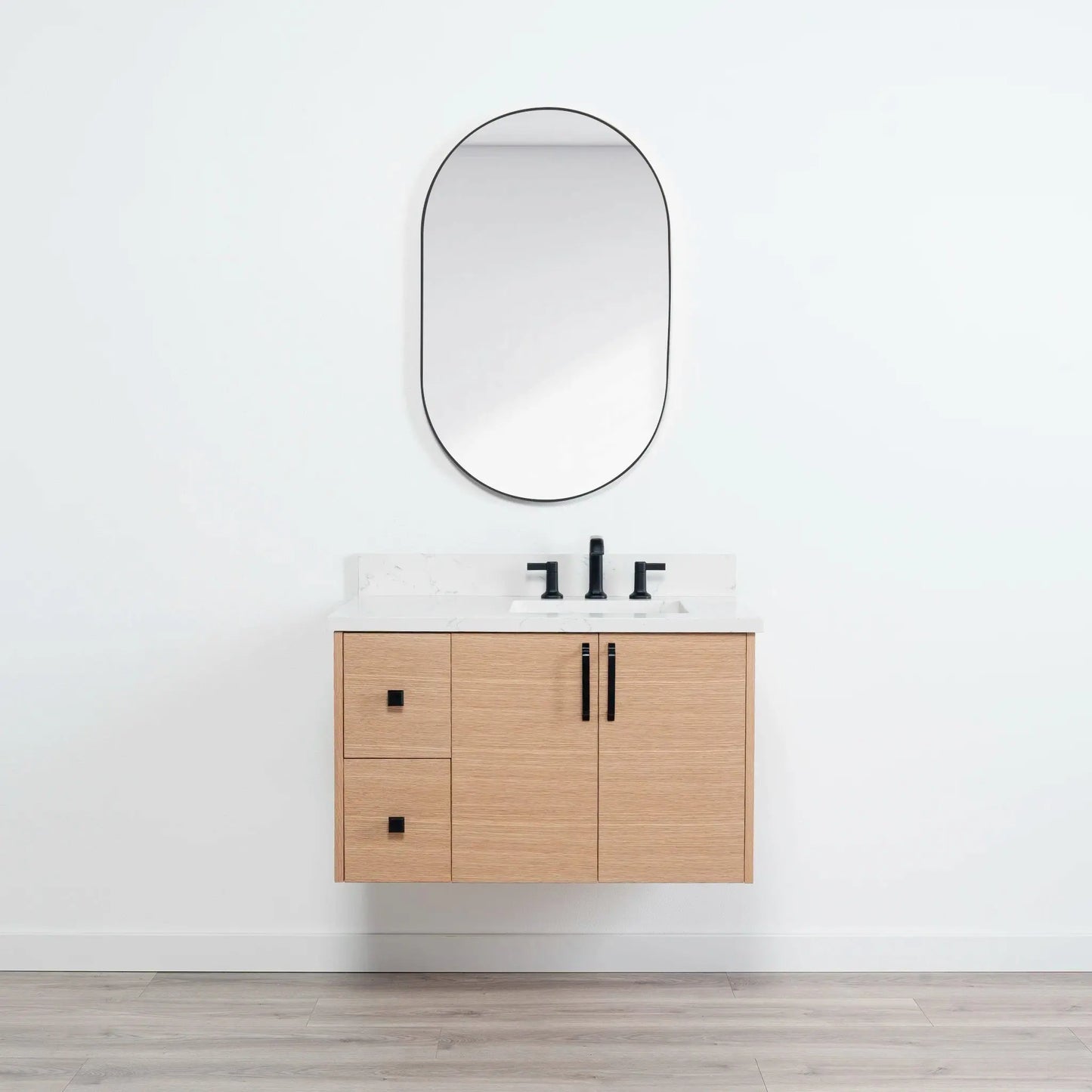 Ashbury SLIM 36" Wall Mount Natural White Oak Bathroom Vanity, Right Sink Teodor Bathroom Vanity Canada
