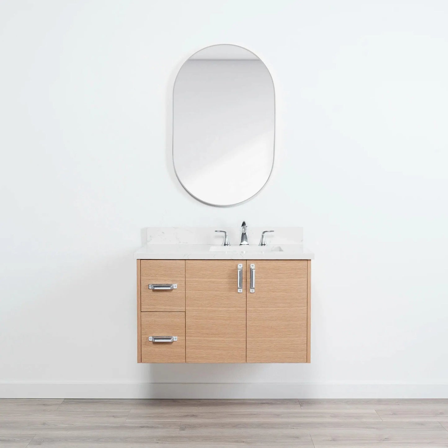 Ashbury SLIM 36" Wall Mount Natural White Oak Bathroom Vanity, Right Sink Teodor Bathroom Vanity Canada