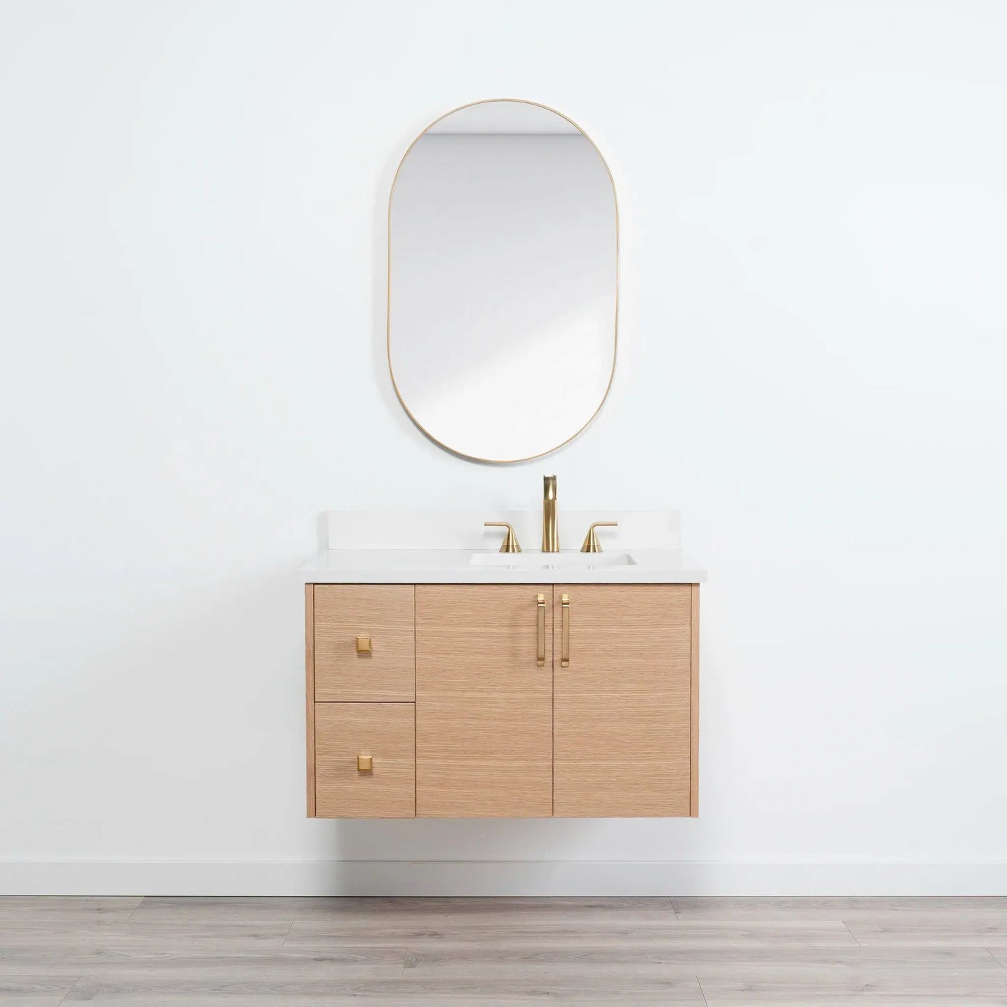 Ashbury SLIM 36" Wall Mount Natural White Oak Bathroom Vanity, Right Sink Teodor Bathroom Vanity Canada