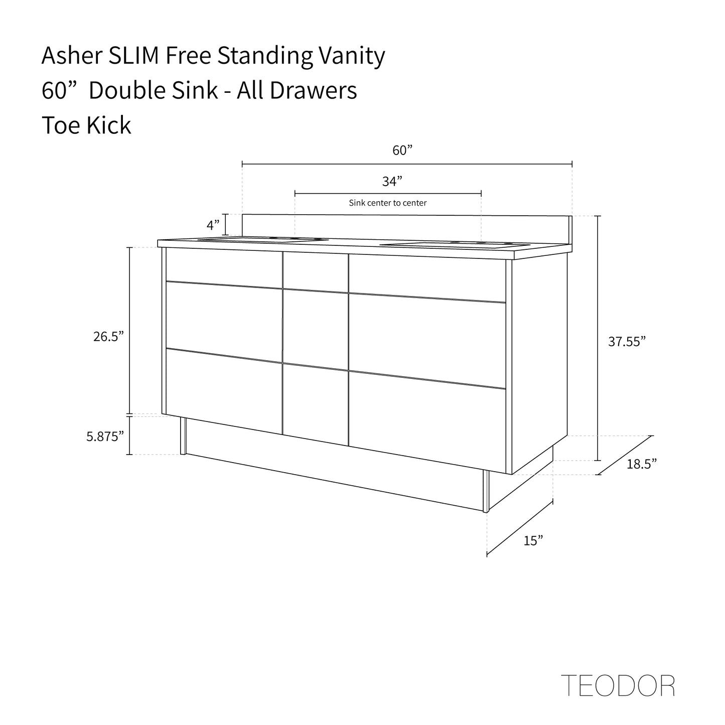 Asher SLIM 60" American Black Walnut Bathroom Vanity, Double Sink
