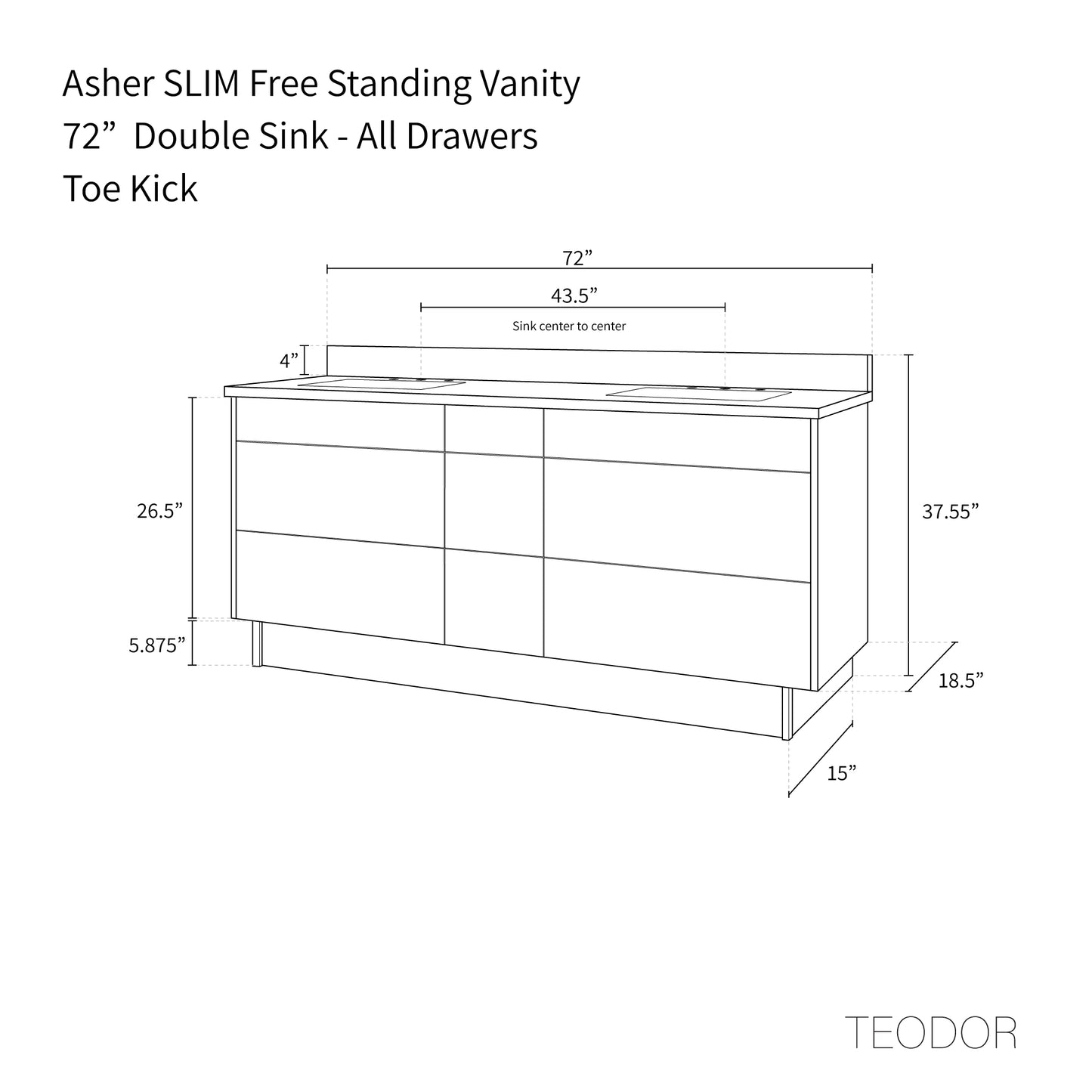 Asher SLIM 72" American Black Walnut Bathroom Vanity, Double Sink