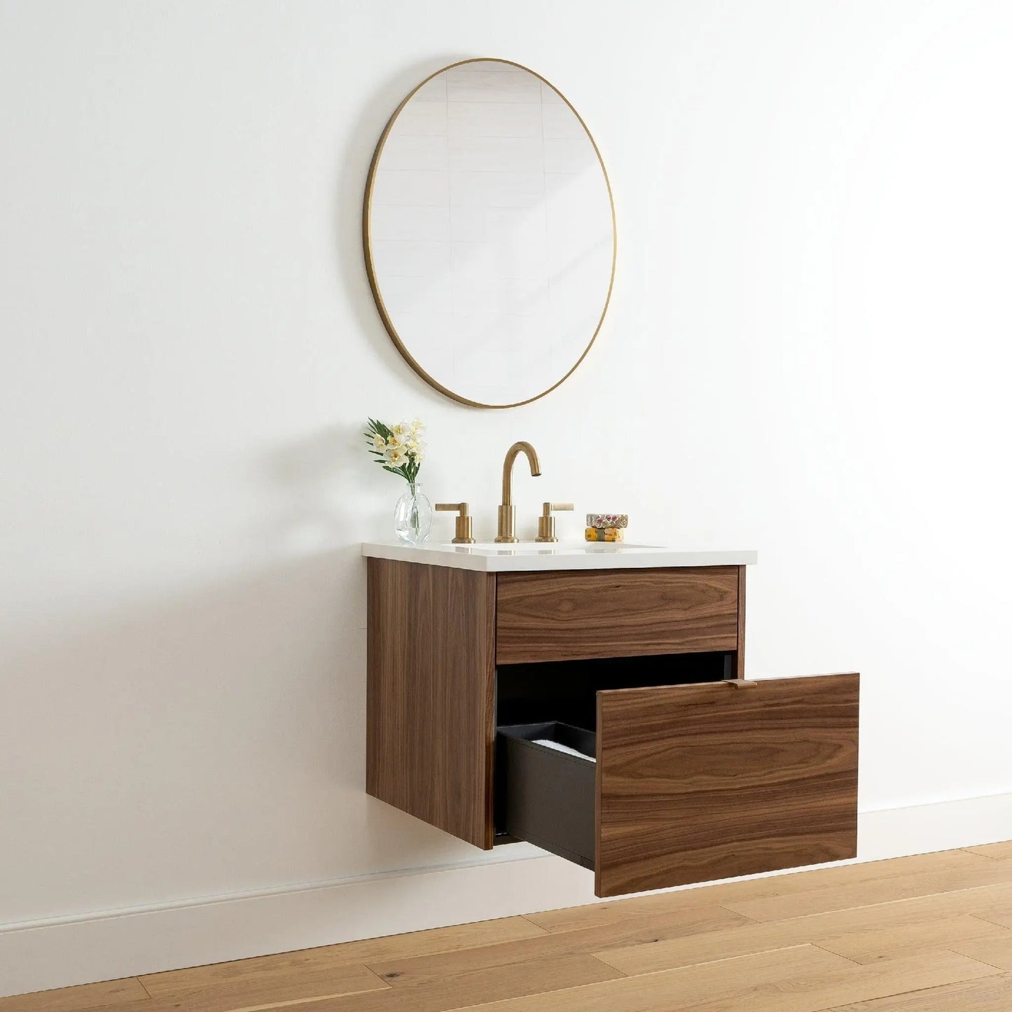 Austin 24" Wall Mount American Black Walnut Bathroom Vanity - All Drawers