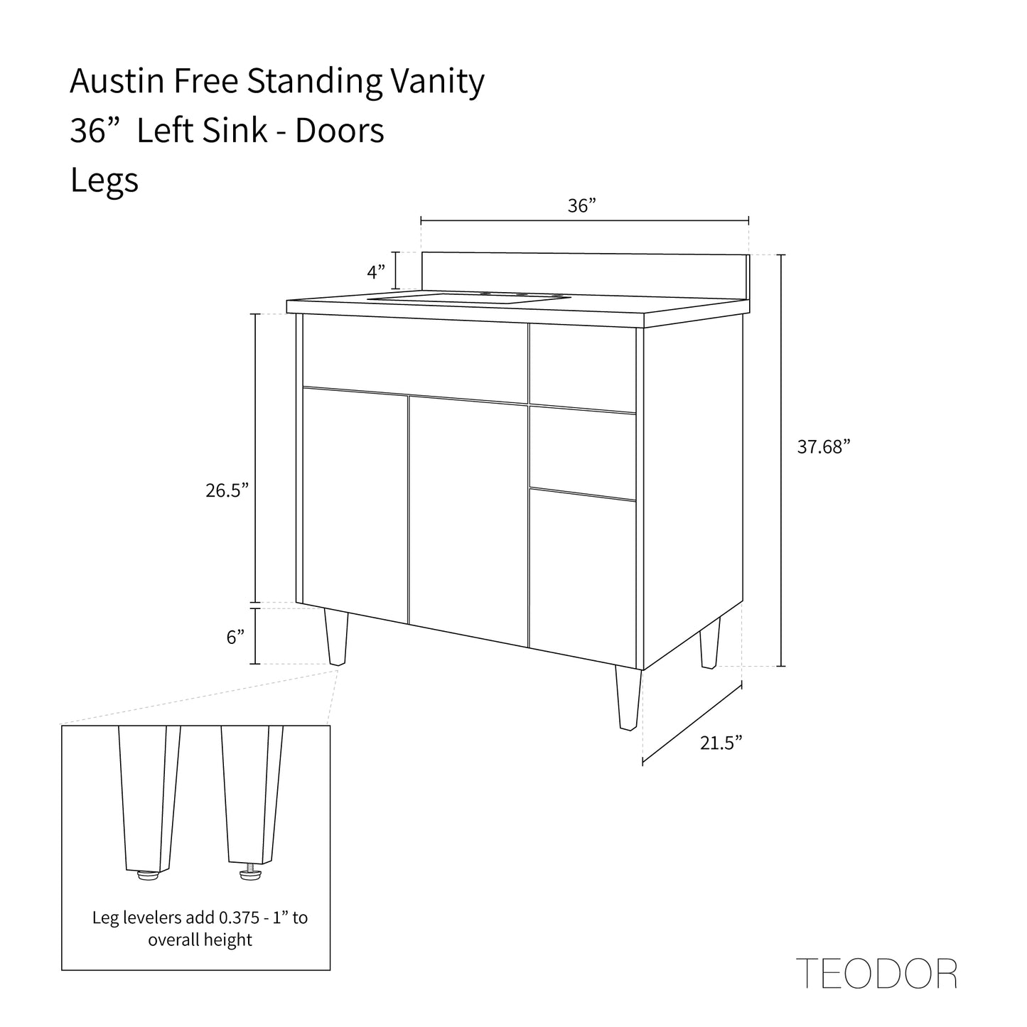 Austin 36", Teodor® Modern American Black Walnut Vanity, Left Sink Teodor