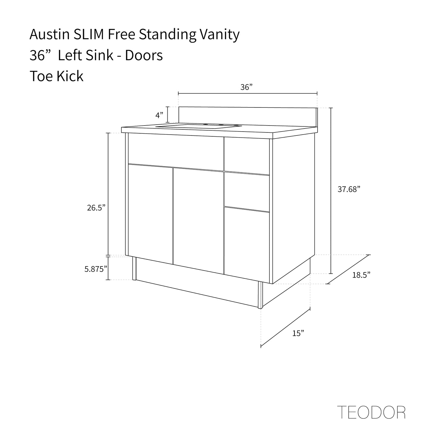 Austin SLIM 36" American Black Walnut Bathroom Vanity, Left Sink