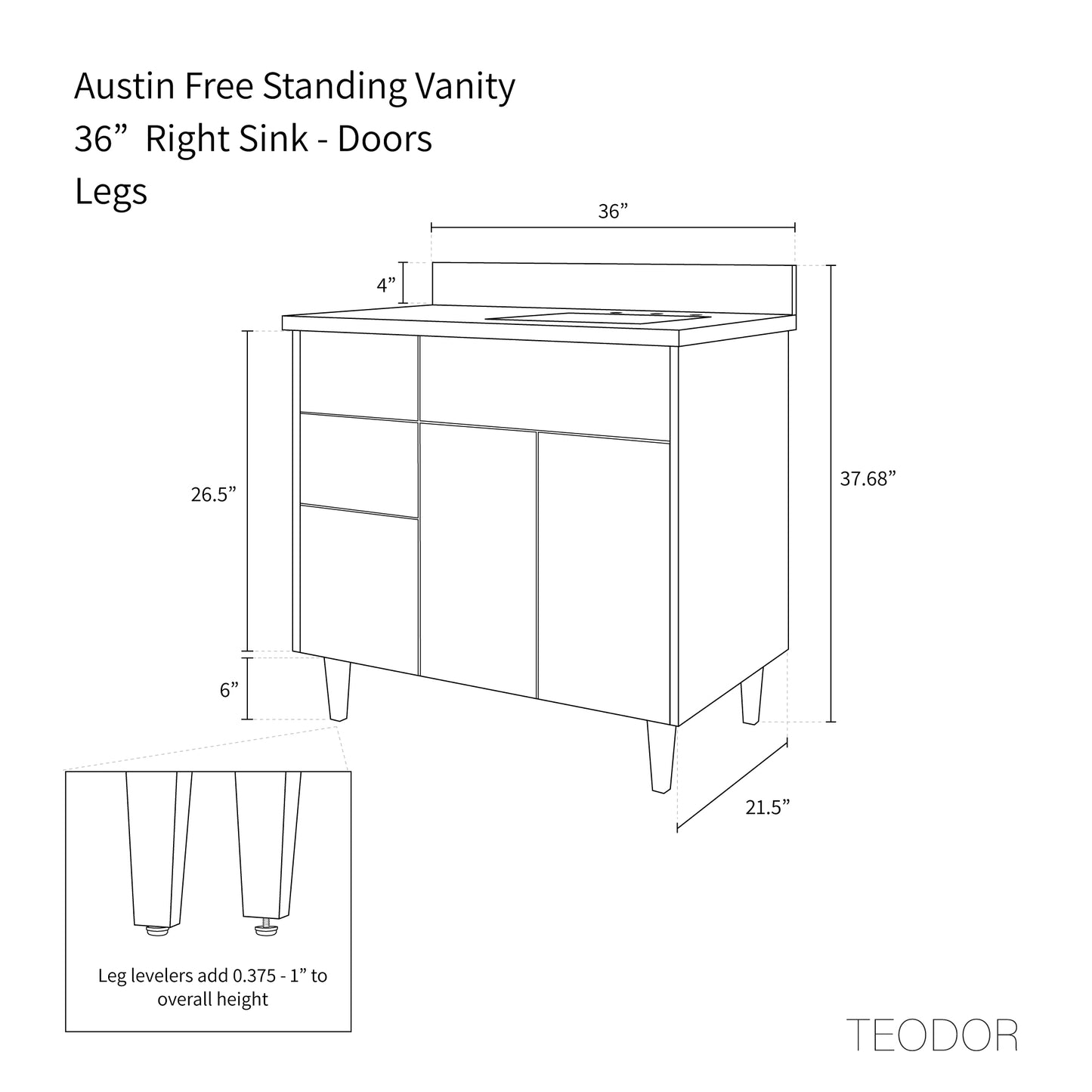 Austin 36", Teodor® Modern American Black Walnut Vanity, Right Sink Teodor