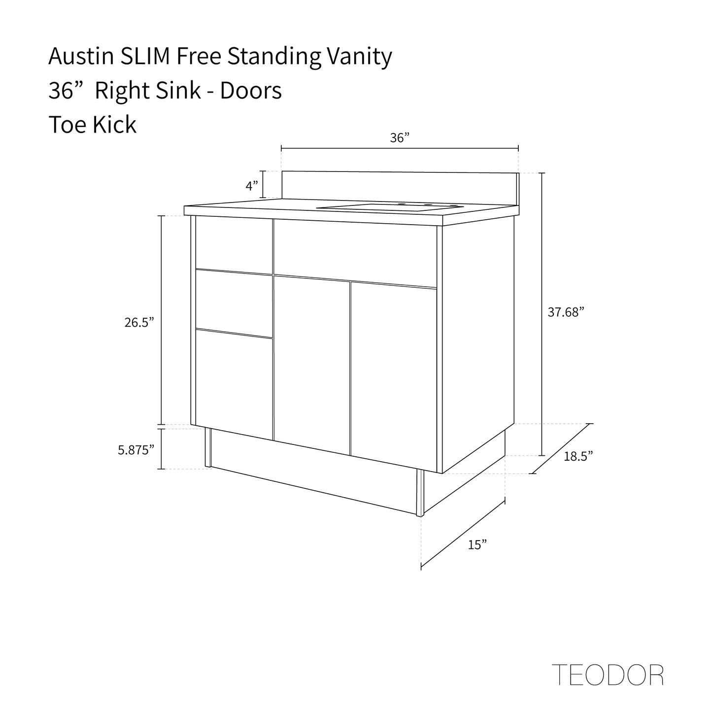 Austin SLIM 36" American Black Walnut Bathroom Vanity, Right Sink