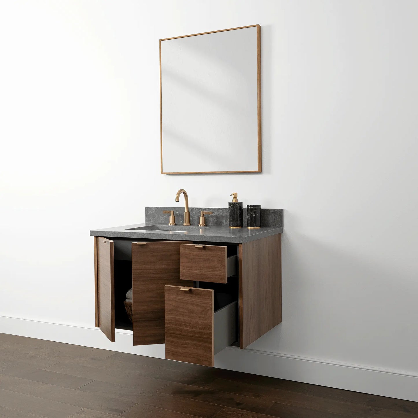 Austin 36", Teodor® Modern Wall Mount American Black Walnut Vanity, Left Sink Teodor