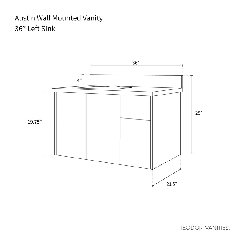 Austin 36", Teodor® Modern Wall Mount Gloss White Vanity, Left Sink Teodor Bathroom VanityCanada