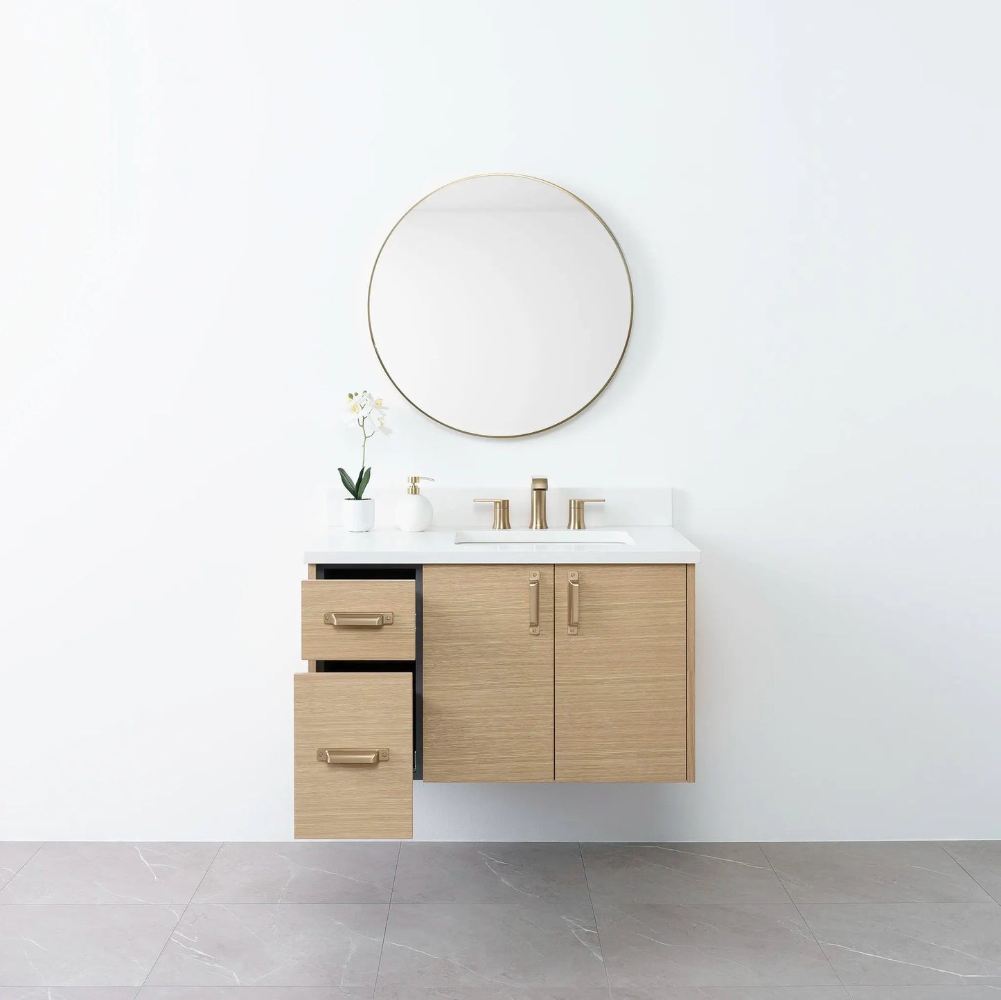 Austin 36", Teodor® Wall Mount Natural White Oak Vanity, Right Sink Teodor Bathroom VanityCanada