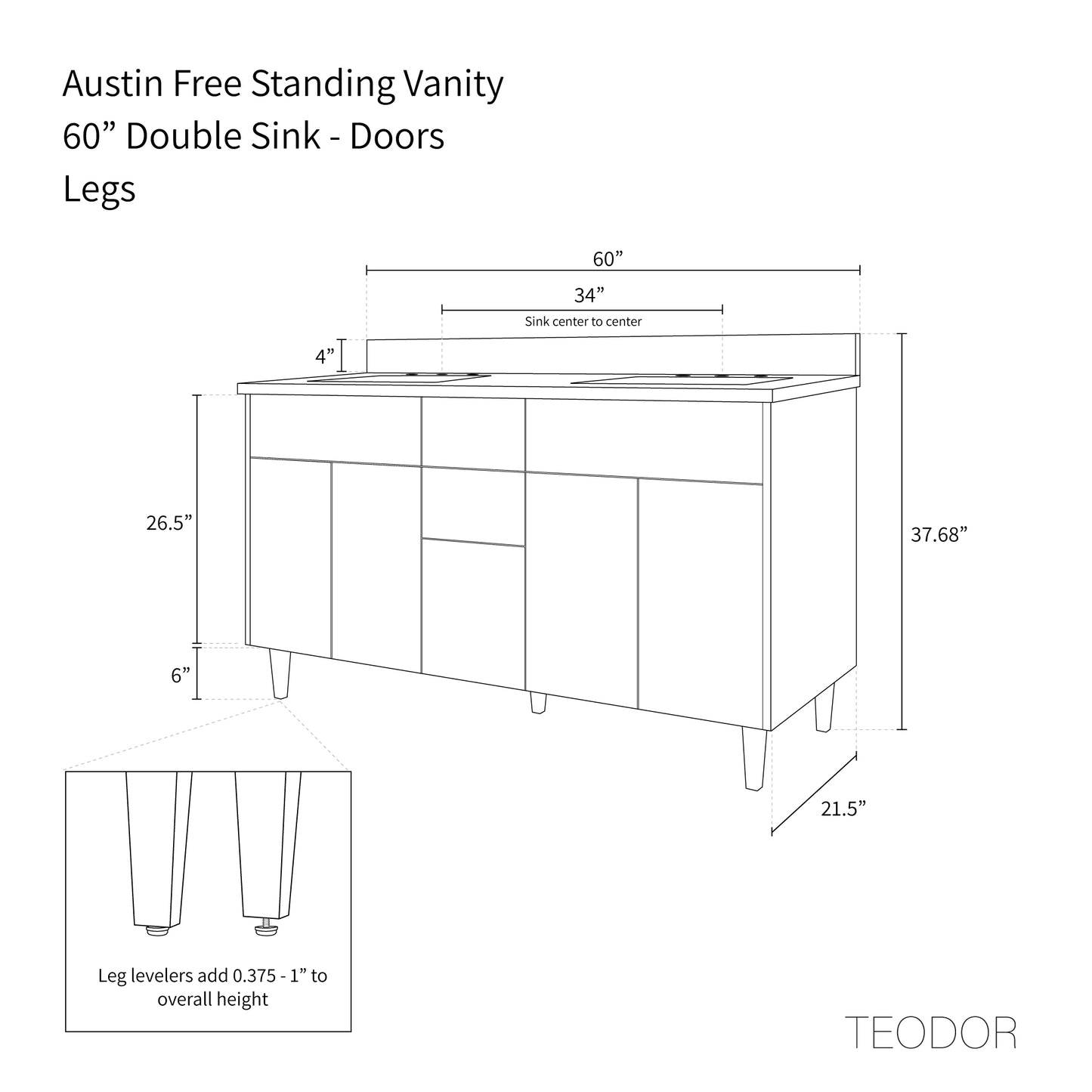 Austin 60", Teodor® Modern American Black Walnut Vanity, Double Sink Teodor