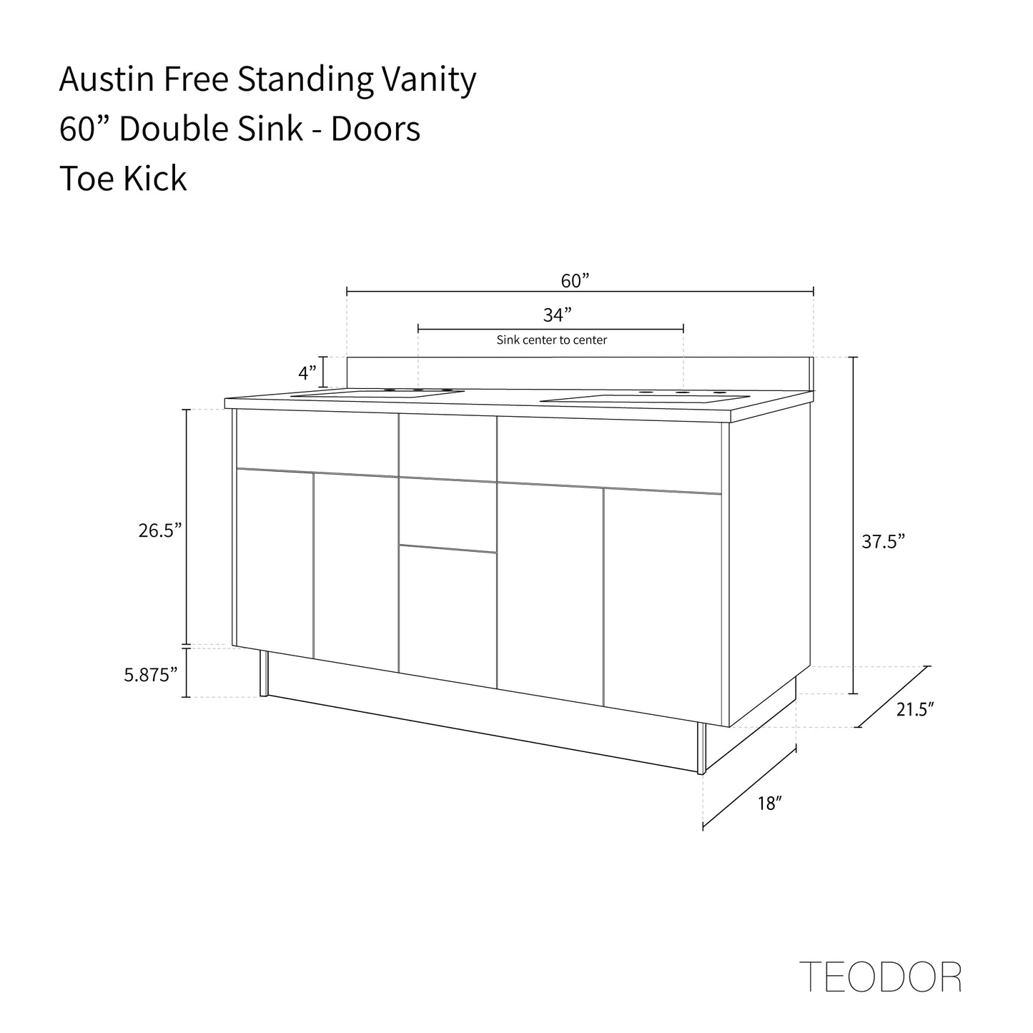 Austin 60", Teodor® Modern American Black Walnut Vanity, Double Sink Teodor