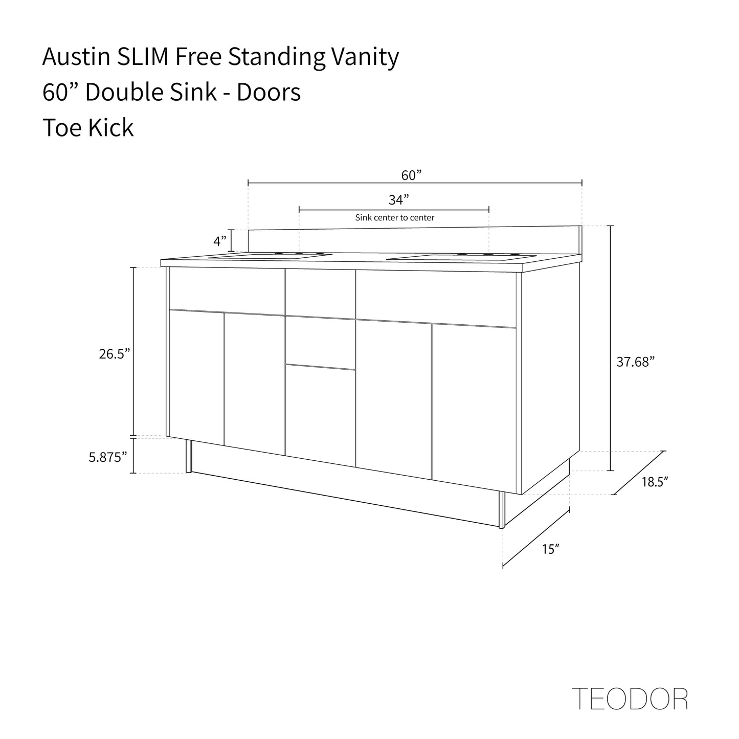 Austin SLIM 60" American Black Walnut Bathroom Vanity, Double Sink