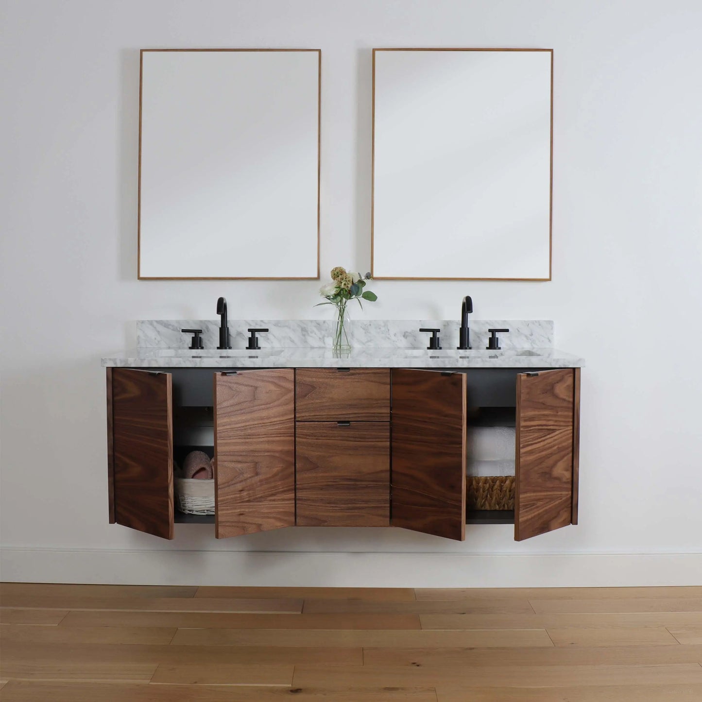 Austin 60" Wall Mount American Black Walnut Bathroom Vanity, Double Sink - Teodor Vanities