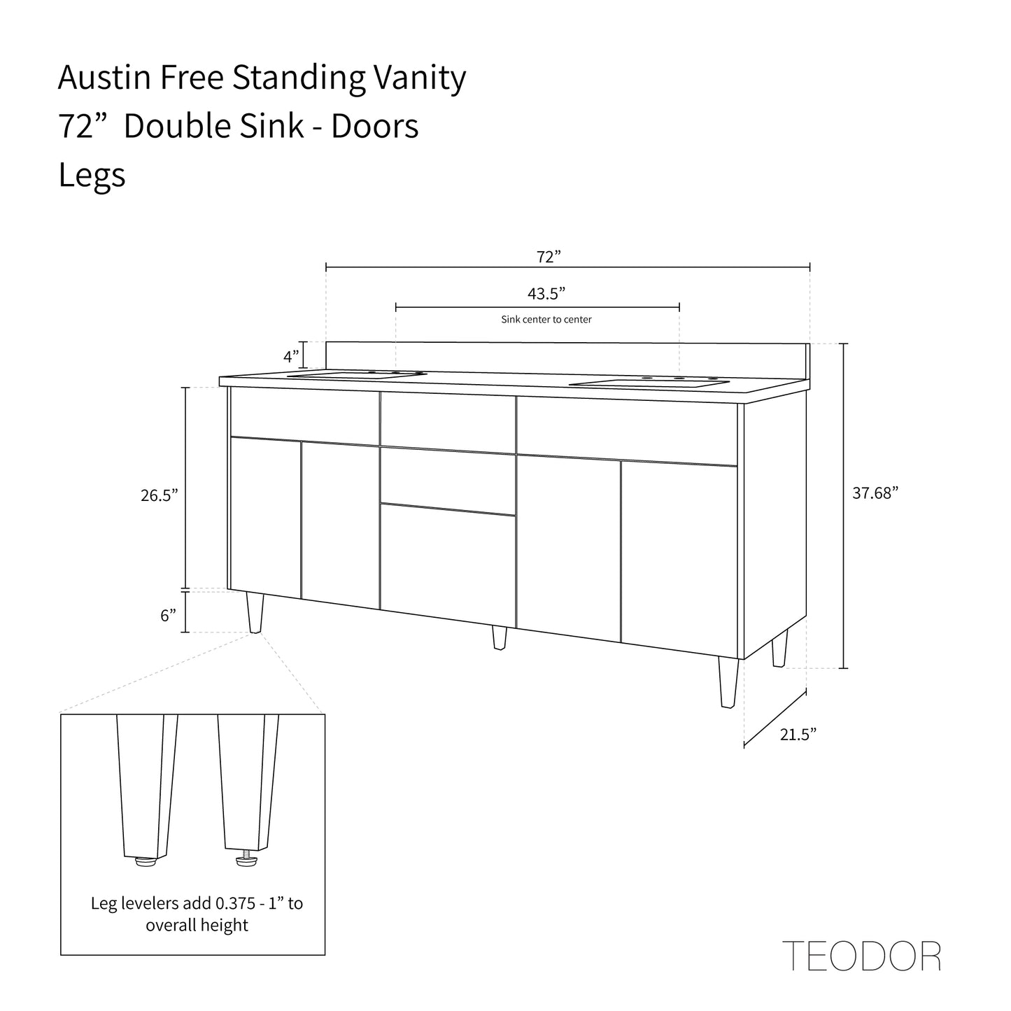 Austin 72", Teodor® Modern American Black Walnut Vanity, Double Sink Teodor