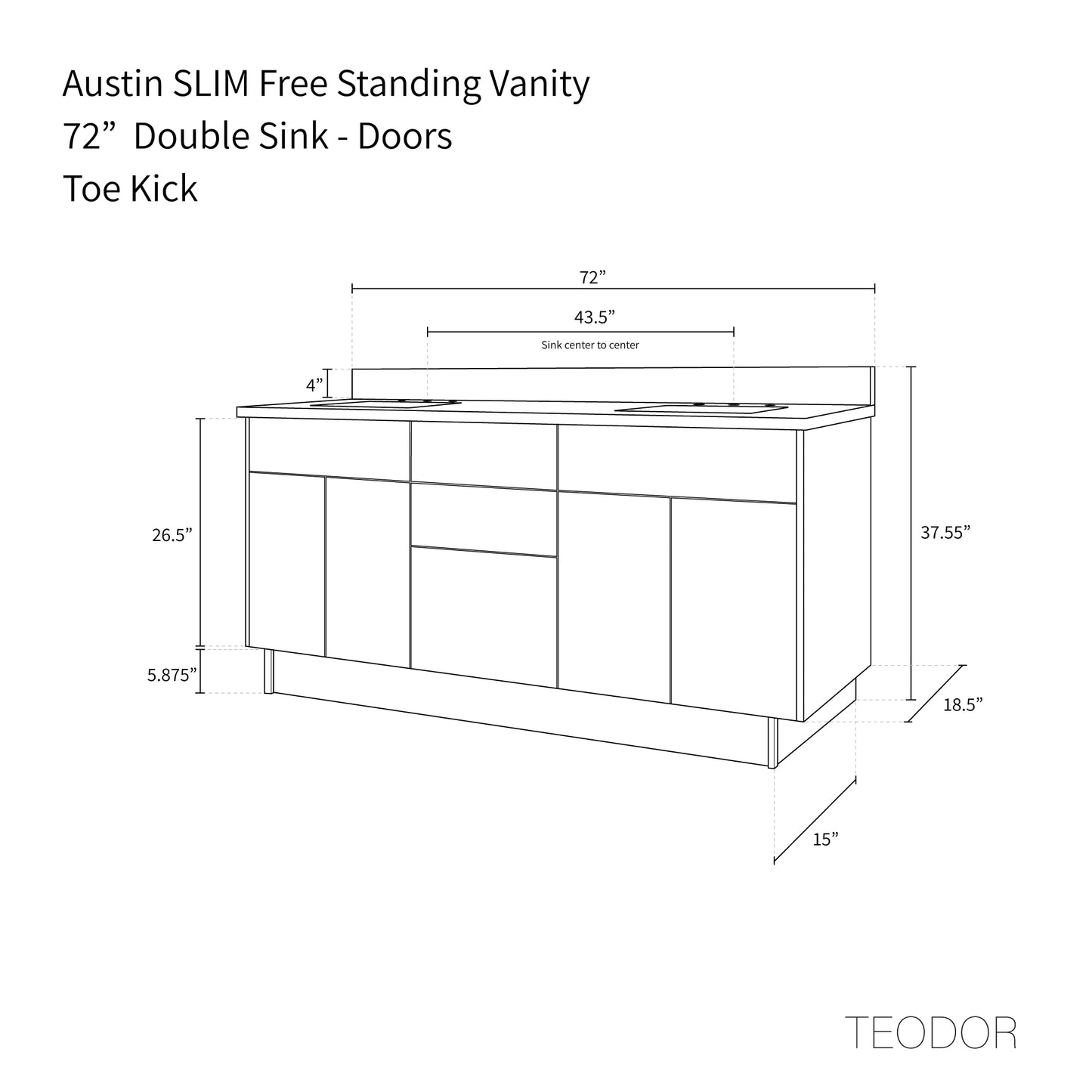 Austin SLIM 72" American Black Walnut Bathroom Vanity, Double Sink