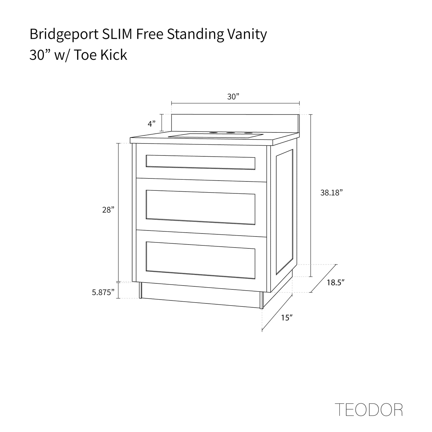 Bridgeport SLIM 30" Satin White Bathroom Vanity - All Drawers