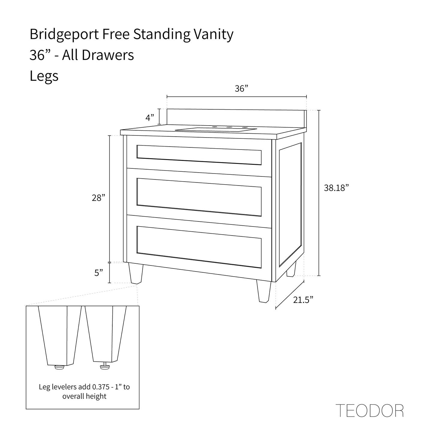 Bridgeport SLIM 36" Almond Coast Bathroom Vanity - All Drawers Teodor Bathroom Vanity Canada