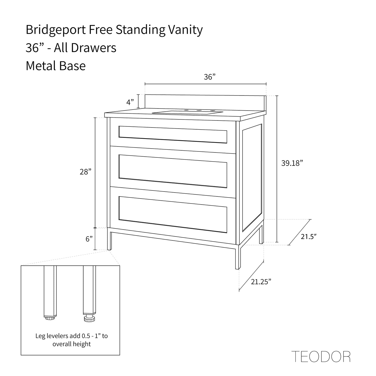 Bridgeport 36" White Oak Bathroom Vanity - All Drawers