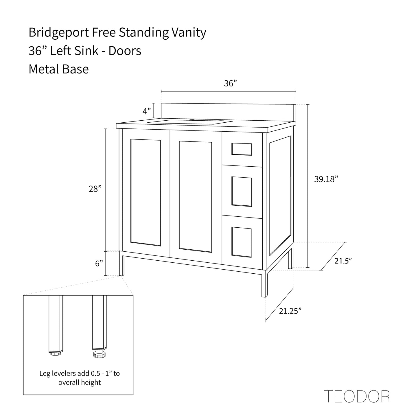 Bridgeport 36" Satin White Bathroom Vanity, Left Sink