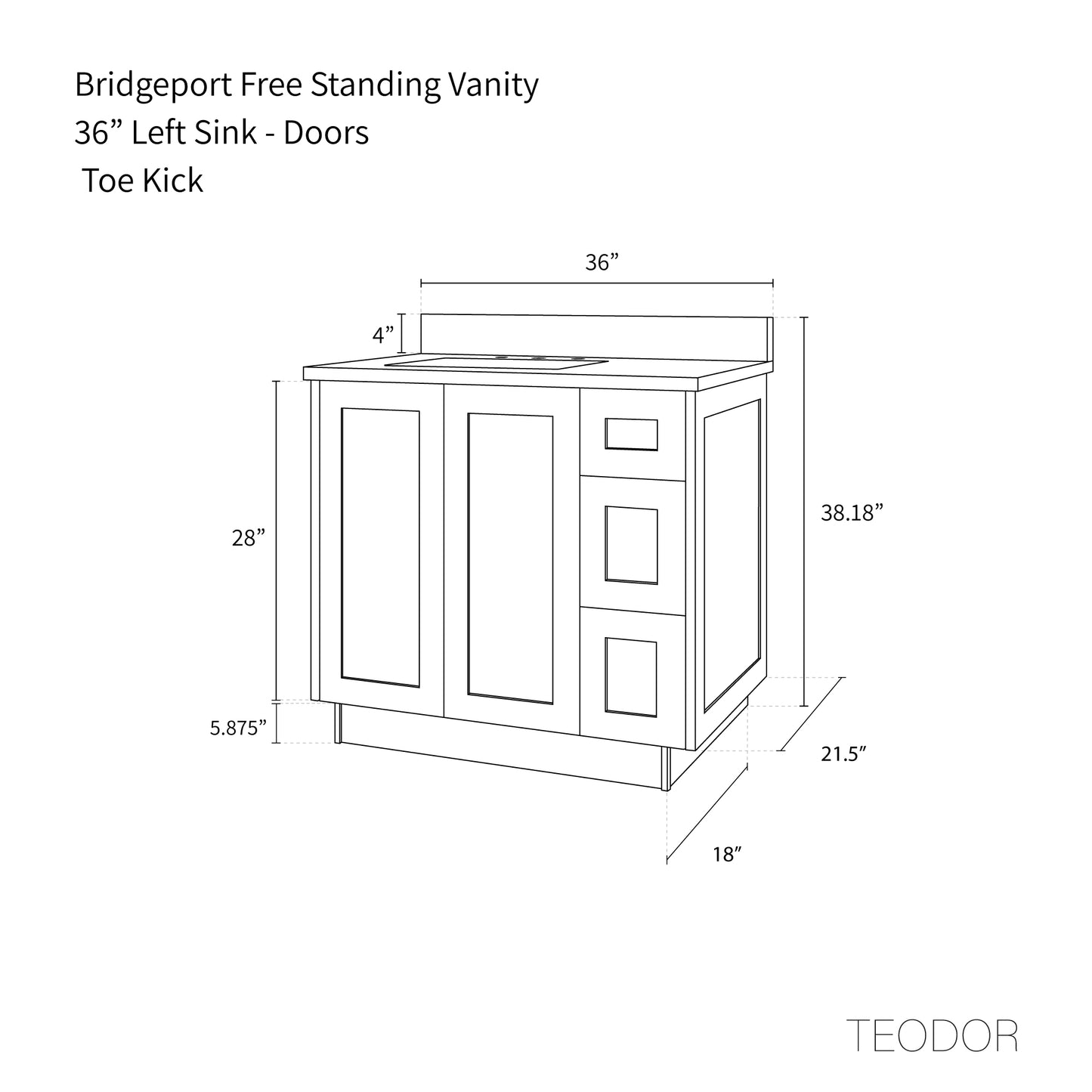 Bridgeport SLIM 36" American Black Walnut Bathroom Vanity, Left Sink Teodor Bathroom Vanity Canada