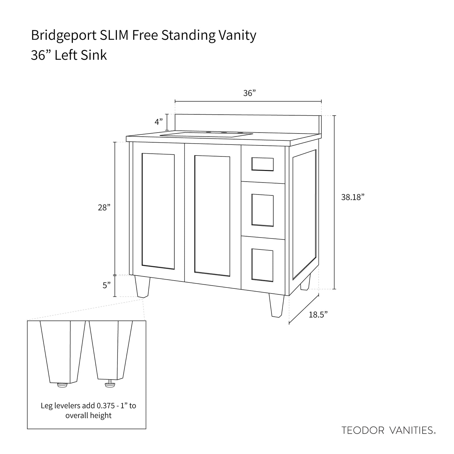 Bridgeport SLIM 36" Champagne Pink Bathroom Vanity, Left Sink