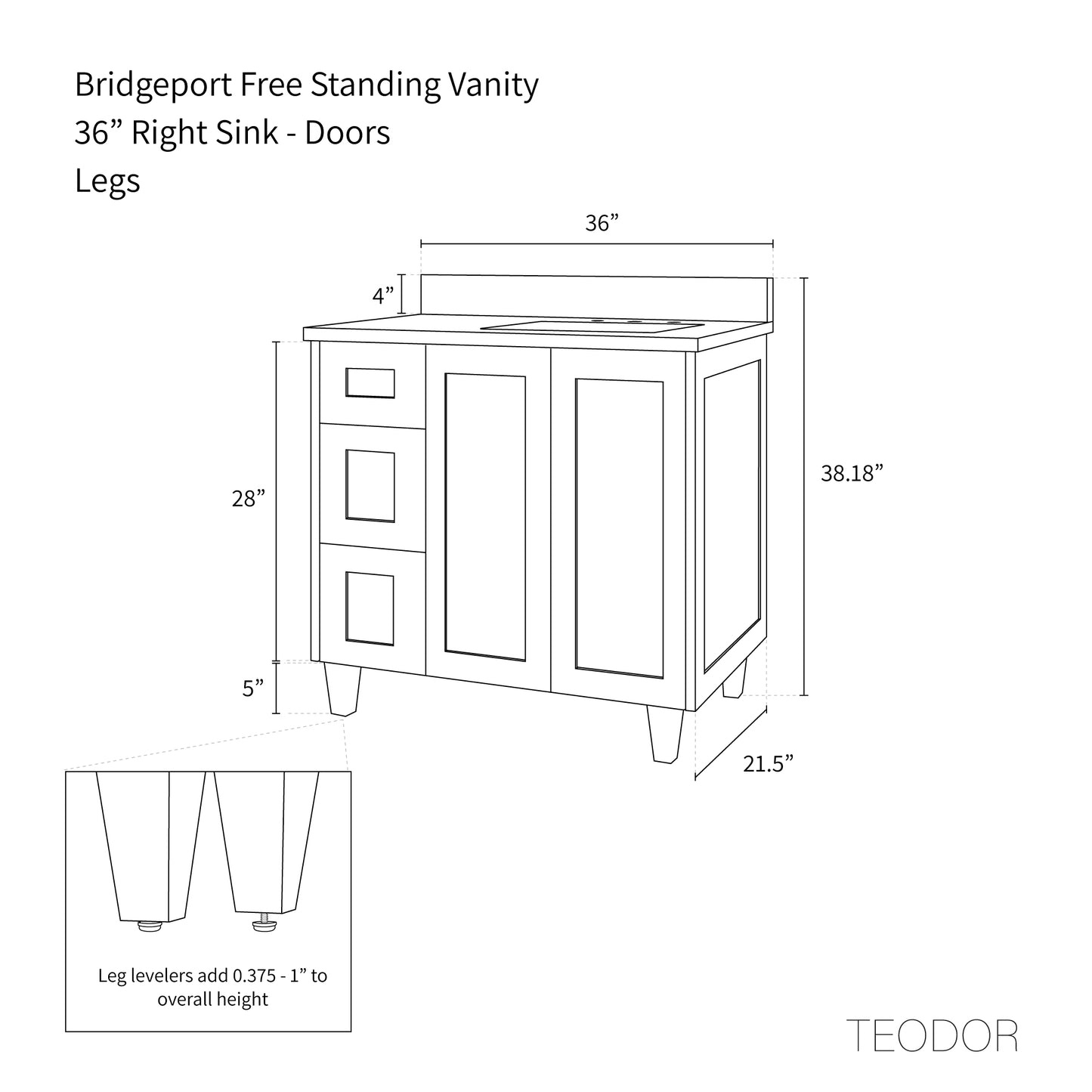 Bridgeport 36", Teodor® American Black Walnut Vanity, Right Sink Teodor