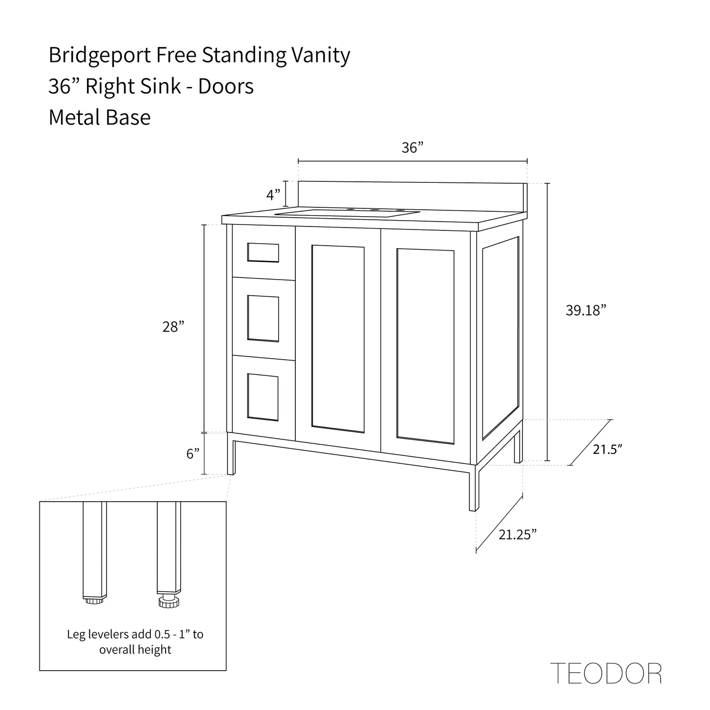 Bridgeport 36" Satin White Bathroom Vanity, Right Sink