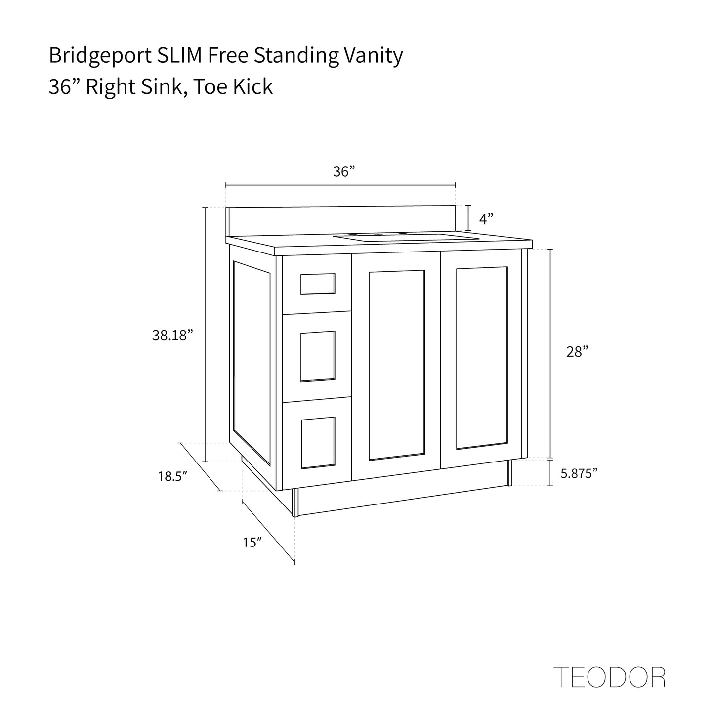 Bridgeport SLIM 36" American Black Walnut Bathroom Vanity, Right Sink
