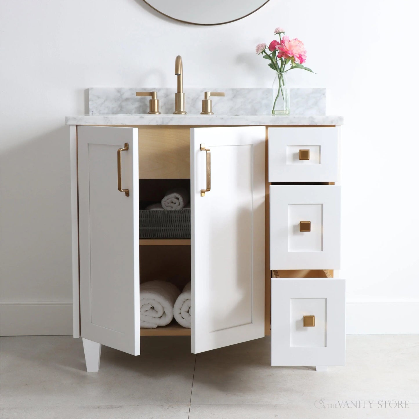 Bridgeport 36" Satin White Bathroom Vanity, Left Sink