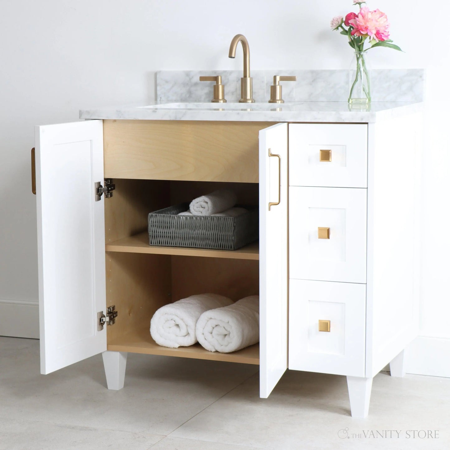 Bridgeport 36" Satin White Bathroom Vanity, Left Sink