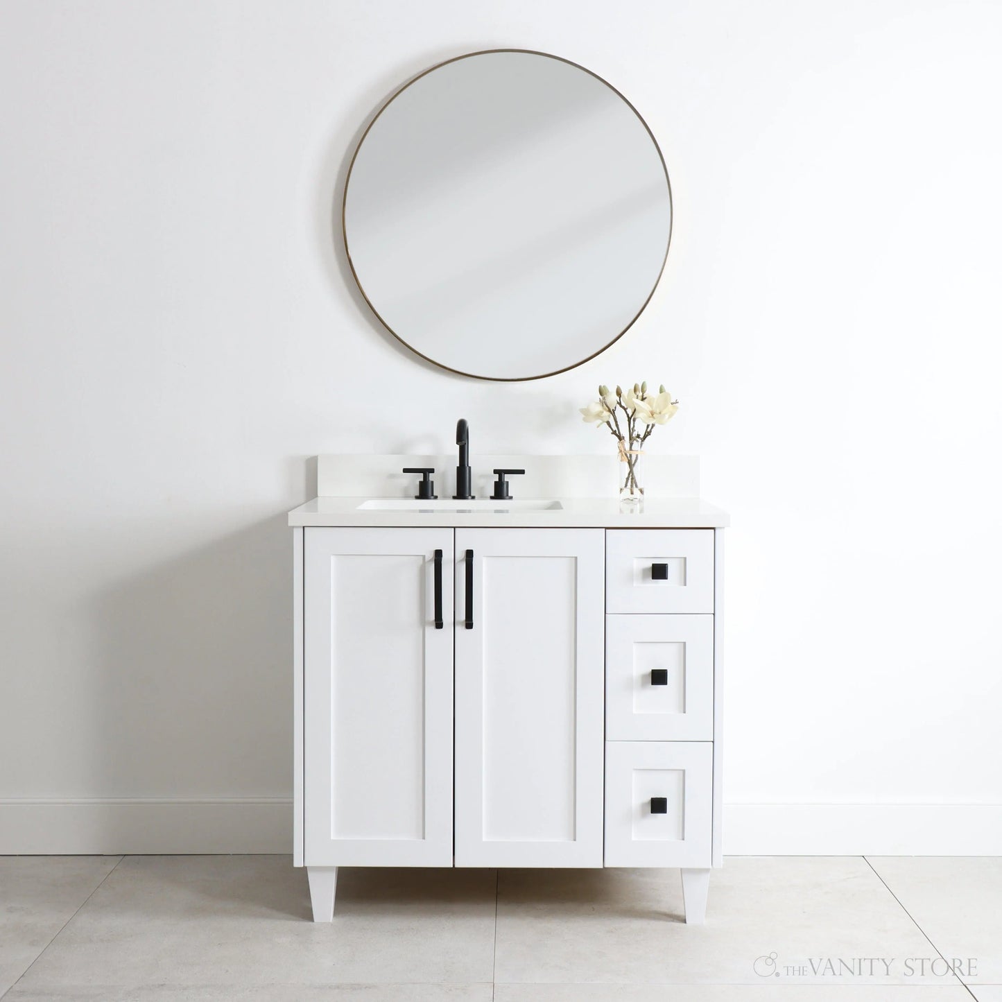 Bridgeport 36" Satin White Bathroom Vanity, Left Sink