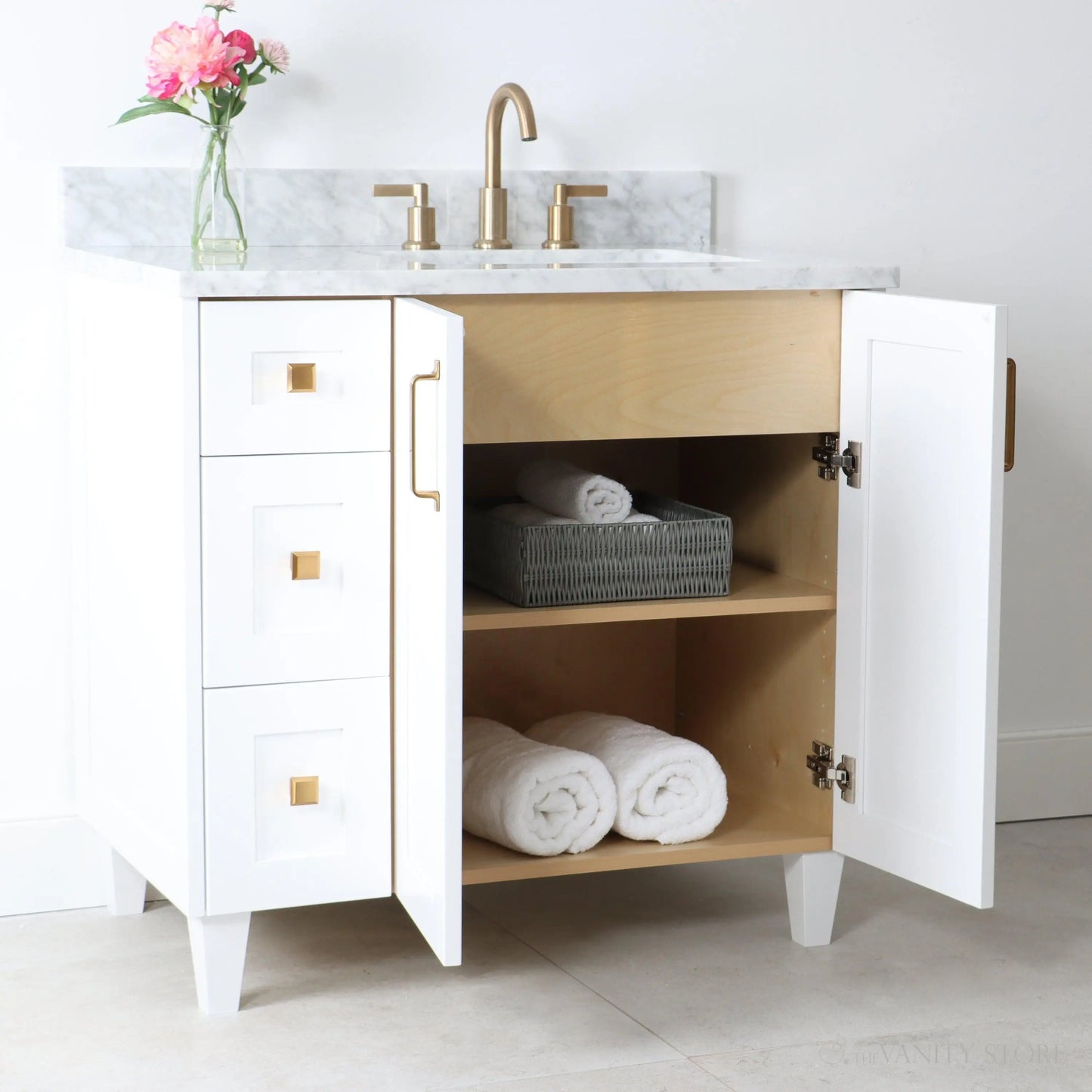 Bridgeport 36" Satin White Bathroom Vanity, Right Sink