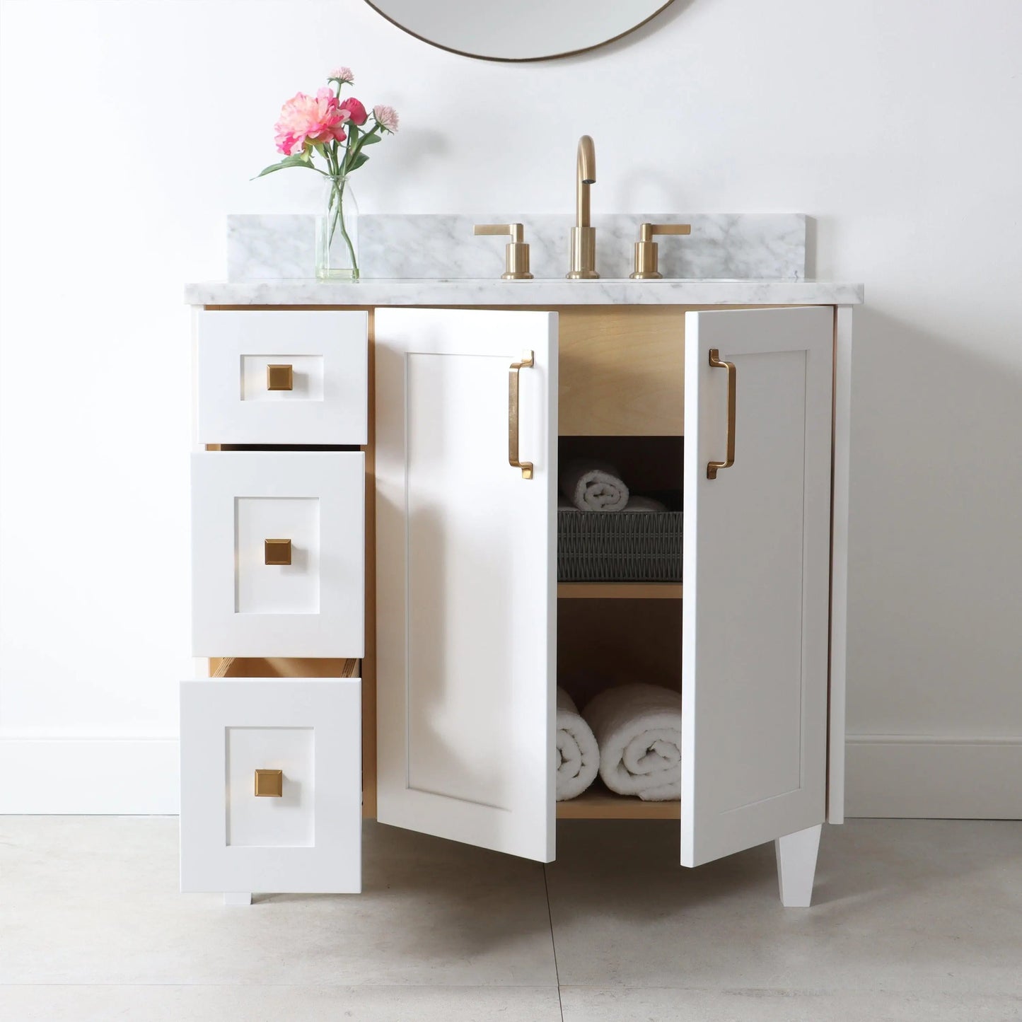 Bridgeport 36" Satin White Bathroom Vanity, Right Sink