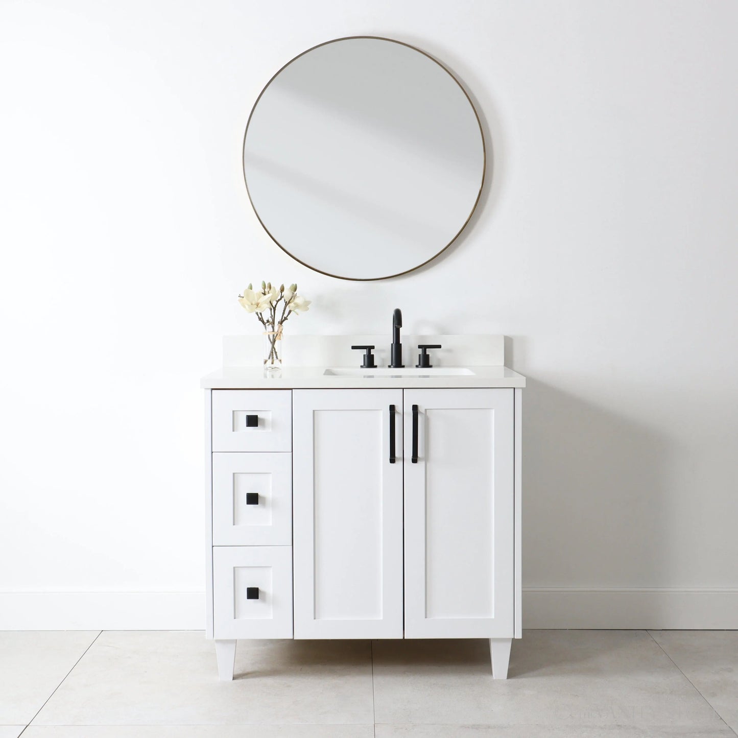 Bridgeport 36" Satin White Bathroom Vanity, Right Sink