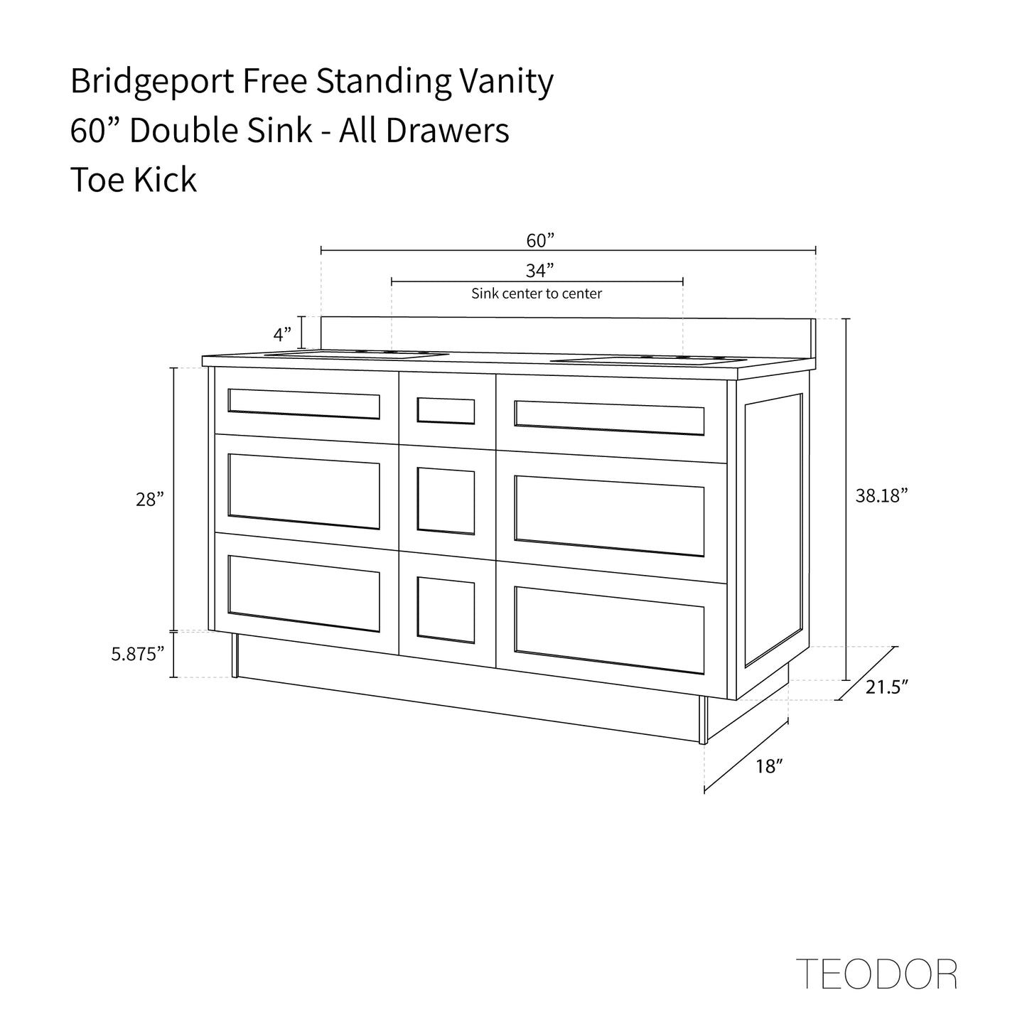 Bridgeport 48" White Oak Bathroom Vanity - All Drawers