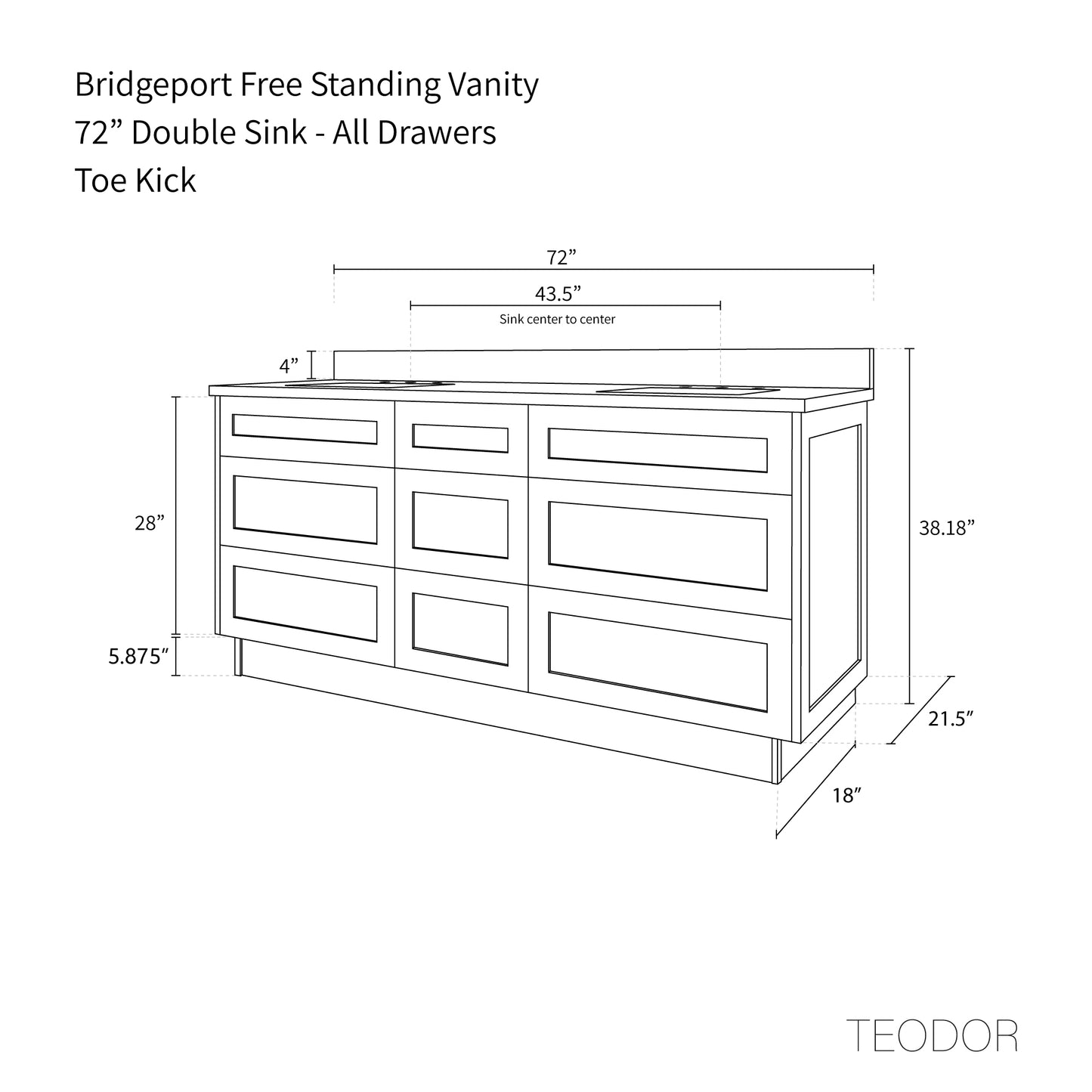 Bridgeport 72" Almond Coast Bathroom Vanity, Double Sink - All Drawers