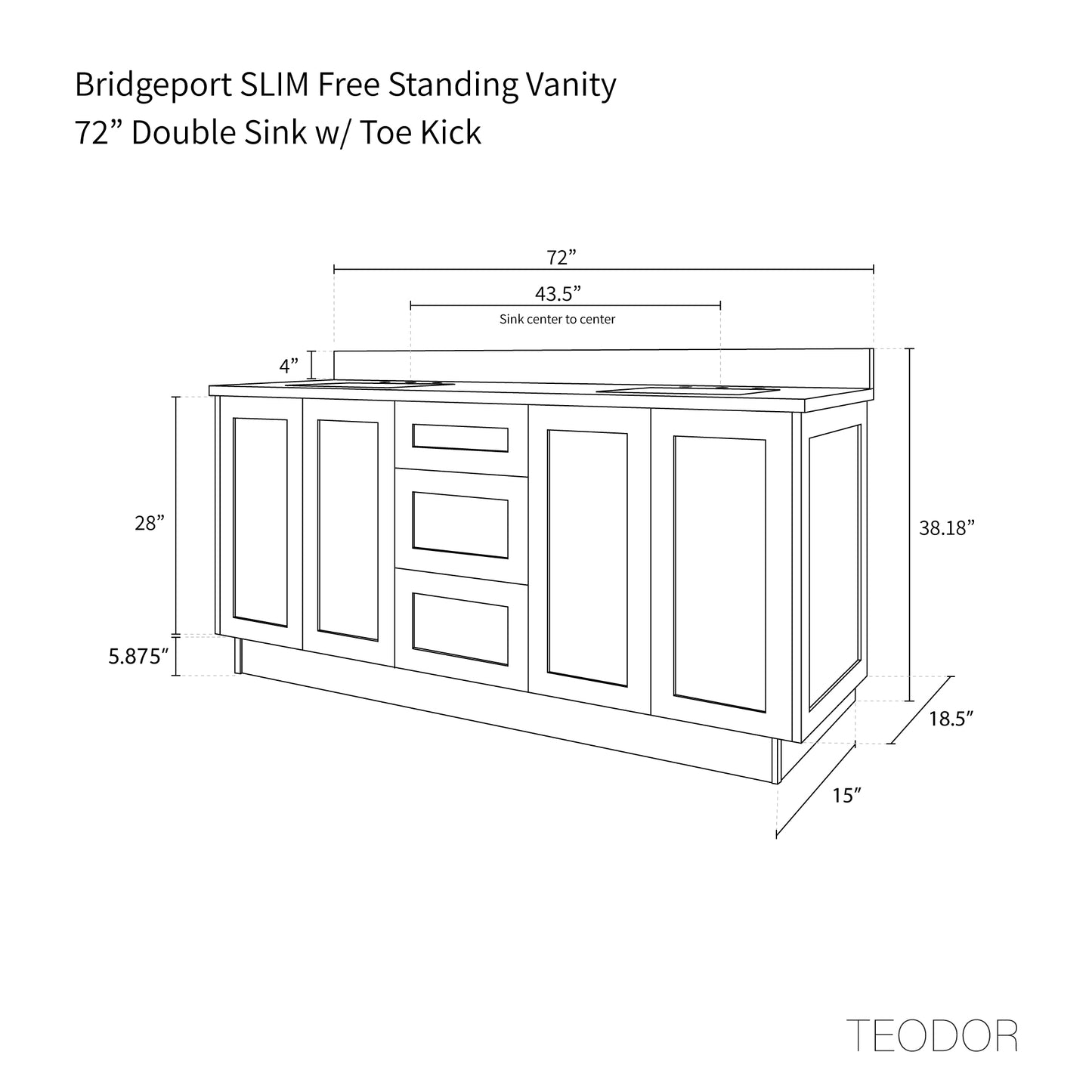 Bridgeport SLIM 72" White Oak Bathroom Vanity, Double Sink
