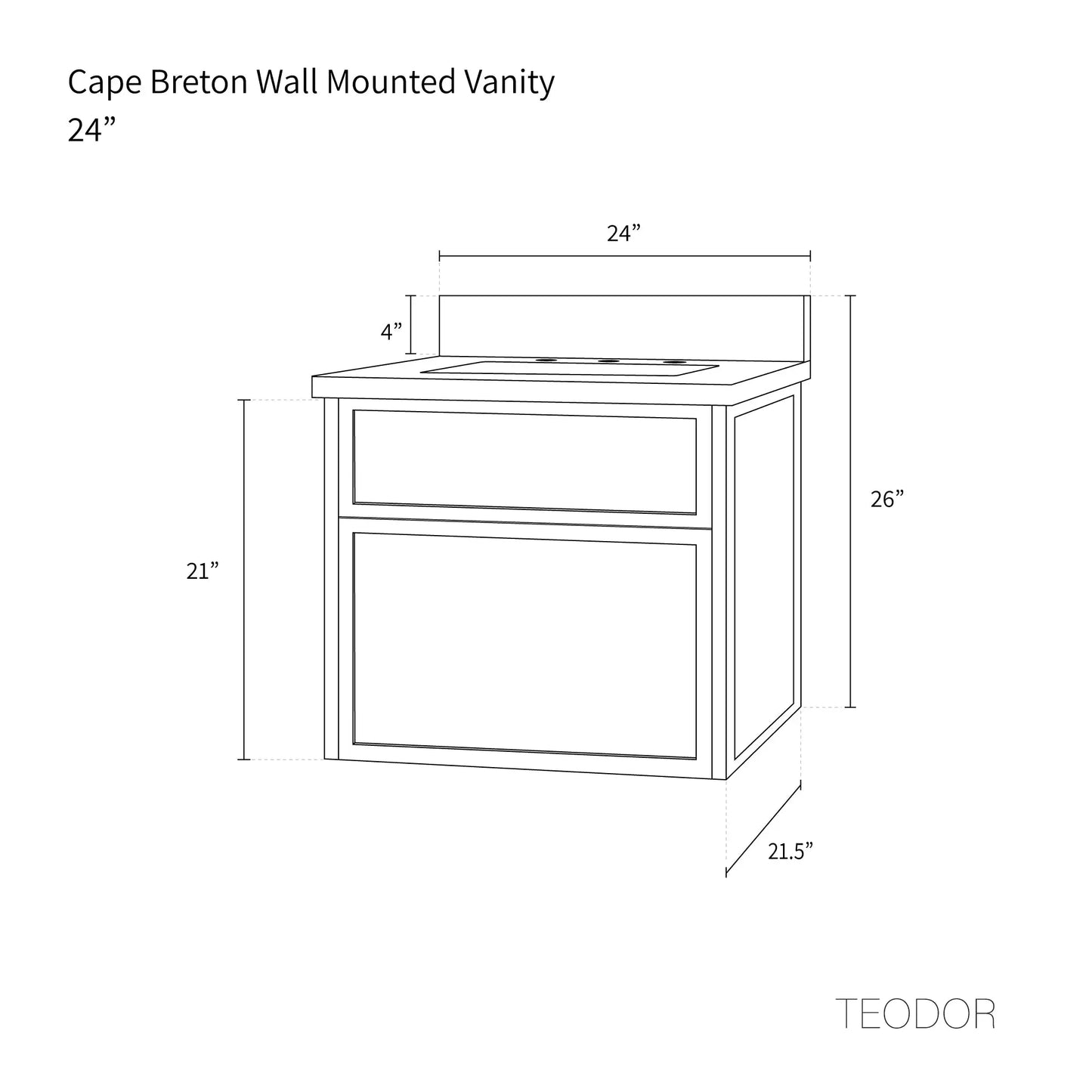 Cape Breton SLIM 24" Wall Mount Mid Century Oak Bathroom Vanity - All Drawers Teodor Bathroom Vanity Canada