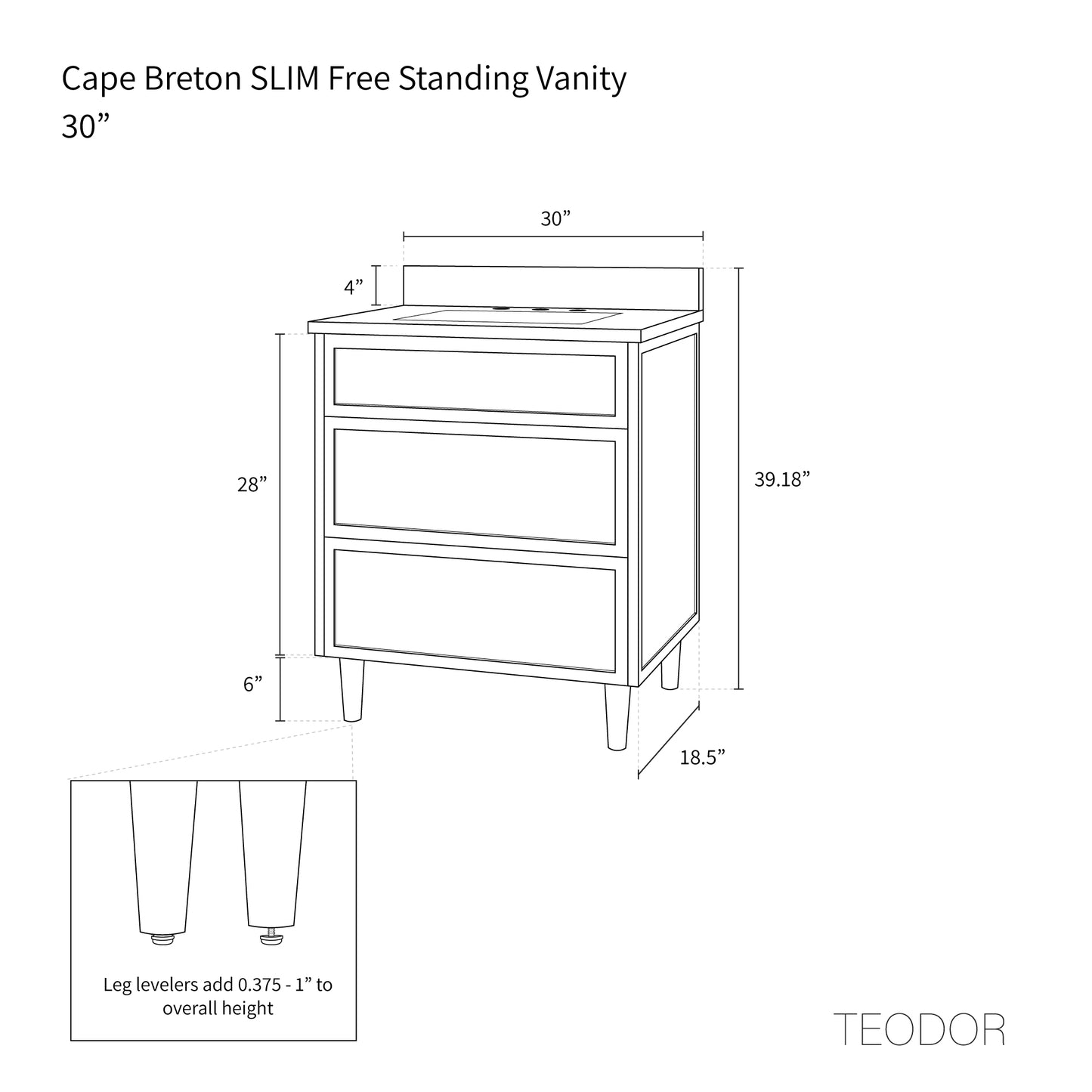 Cape Breton SLIM 30" Blackened Oak Bathroom Vanity - All Drawers