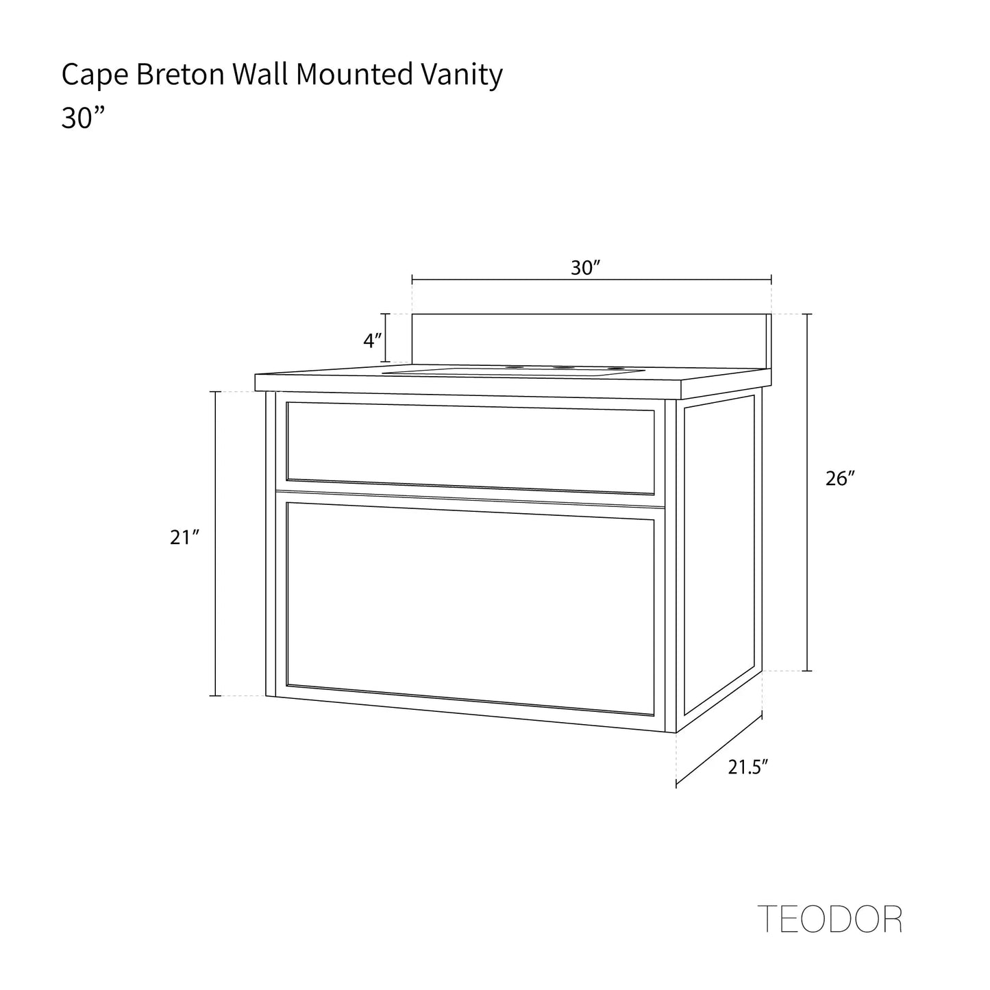 Cape Breton SLIM 30" Wall Mount White Oak Bathroom Vanity - All Drawers Teodor Bathroom Vanity Canada
